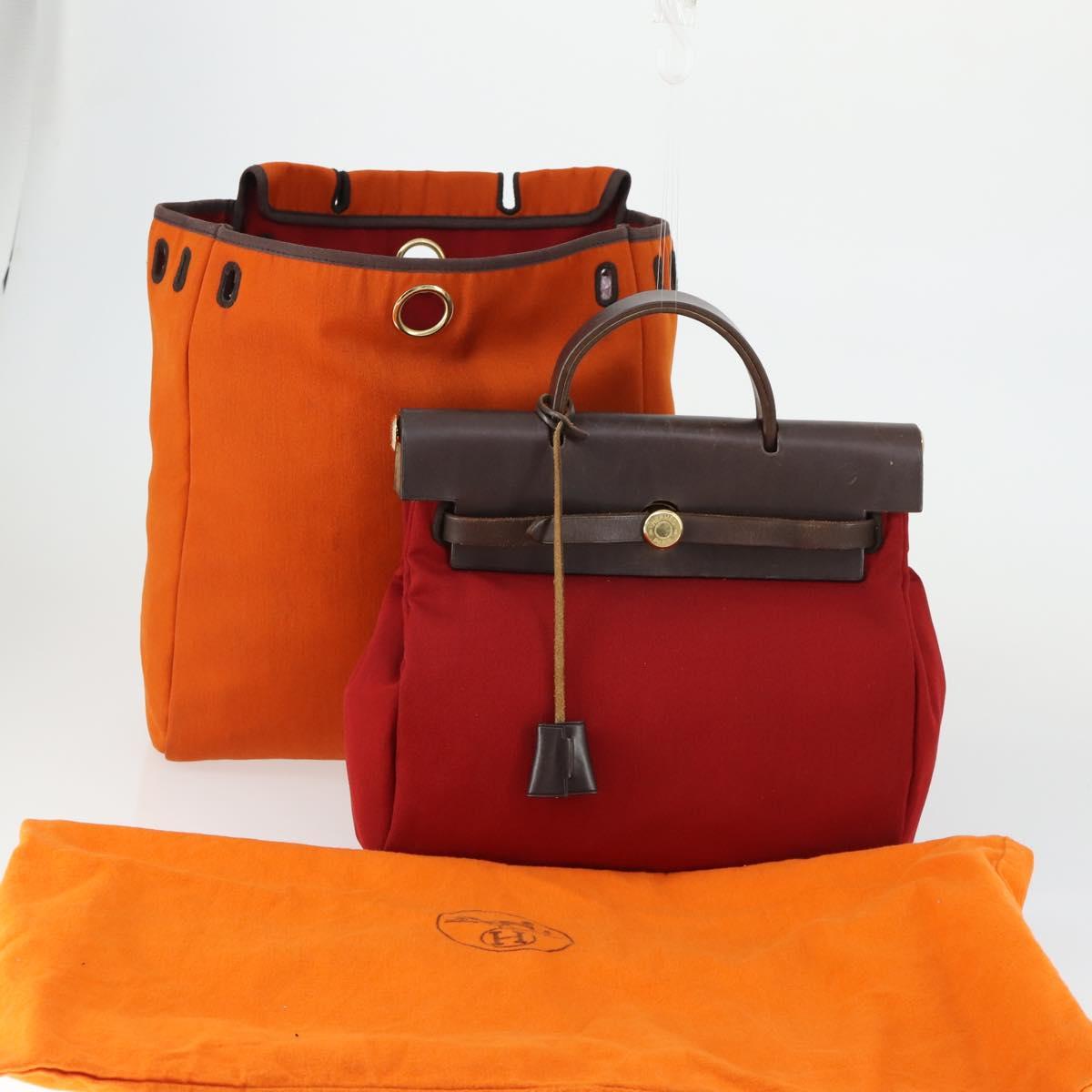 HERMES Herbag MM Hand Bag Canvas 2way Orange Auth 168151