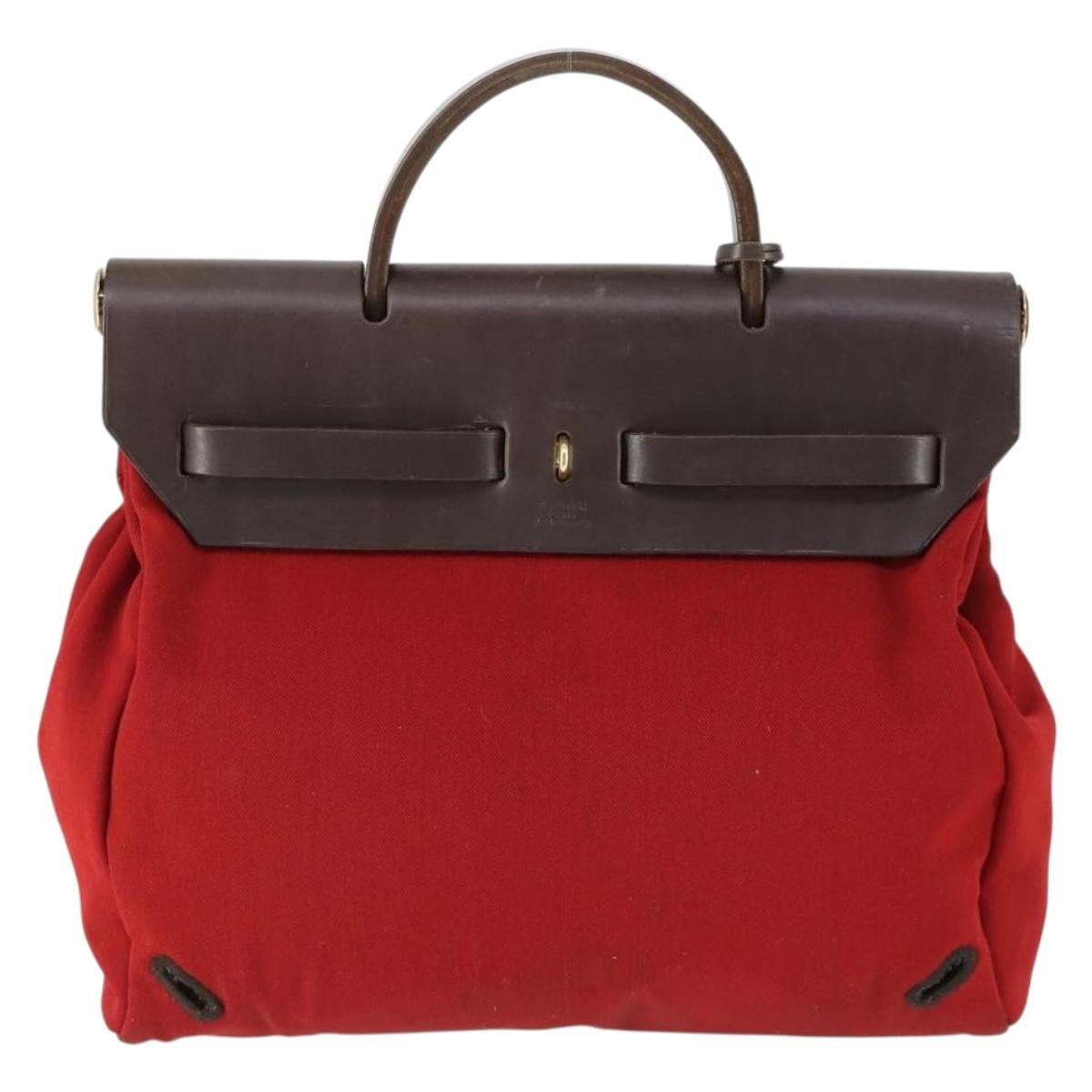 HERMES Herbag MM Hand Bag Canvas 2way Orange Auth 168151