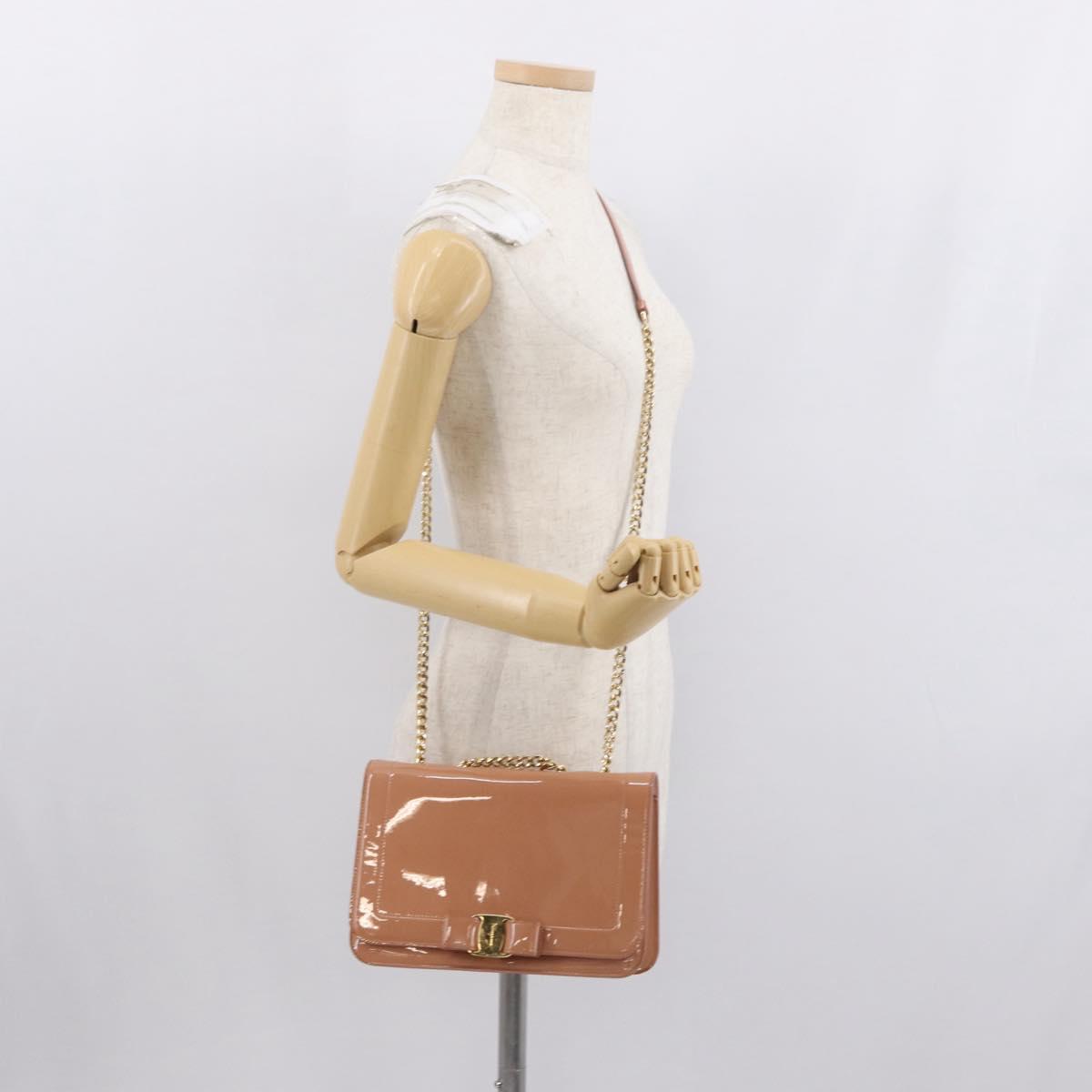 Salvatore Ferragamo Vala Chain Shoulder Bag Patent leather Pink Gold Auth 168168