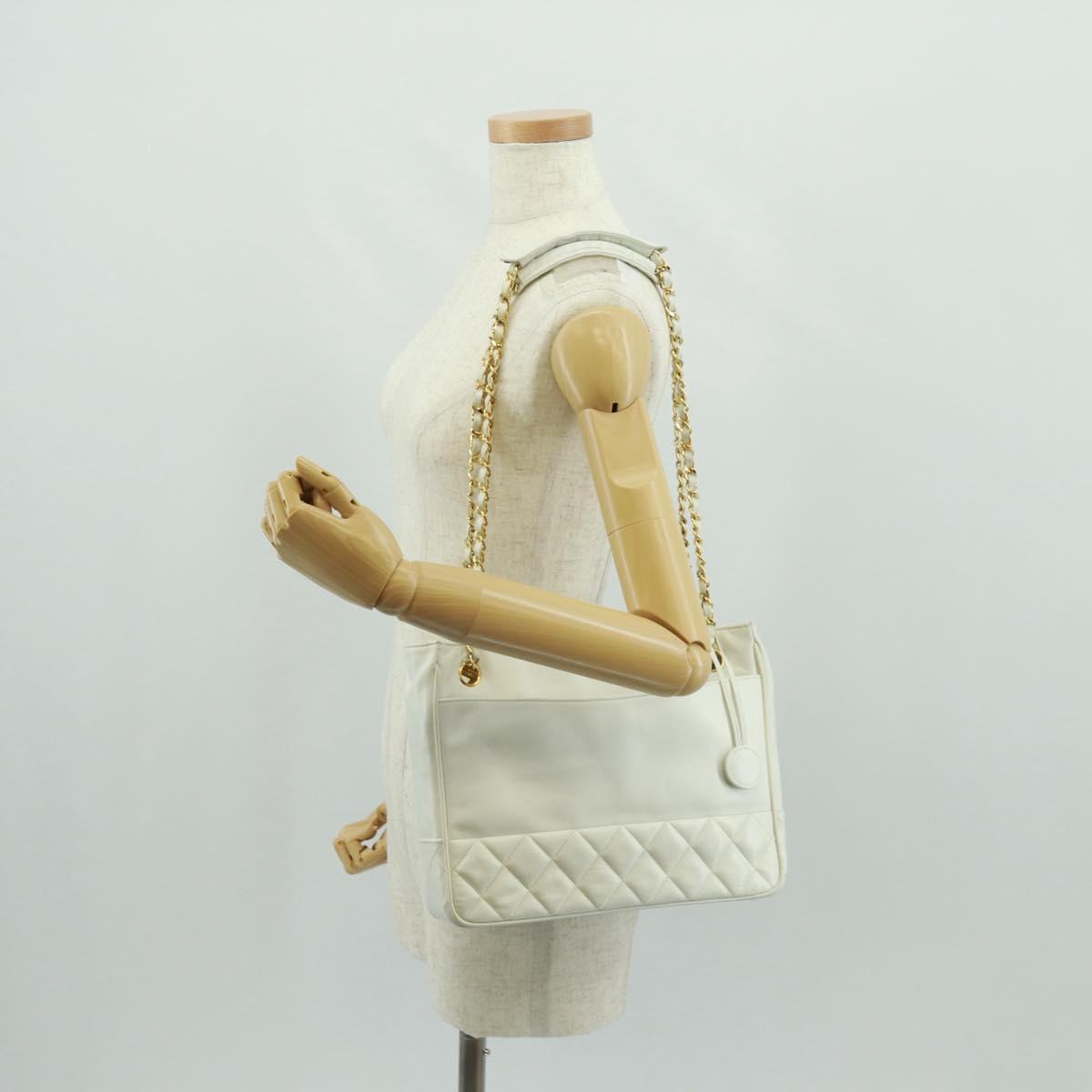 CHANEL Matelasse Chain Shoulder Bag Lamb Skin White Gold CC Auth 168177V