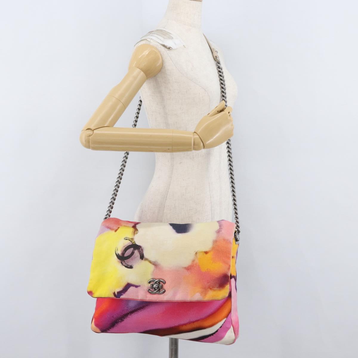 CHANEL Chain Matelasse Shoulder Bag Canvas Multicolor Silver CC Auth 168180SAM