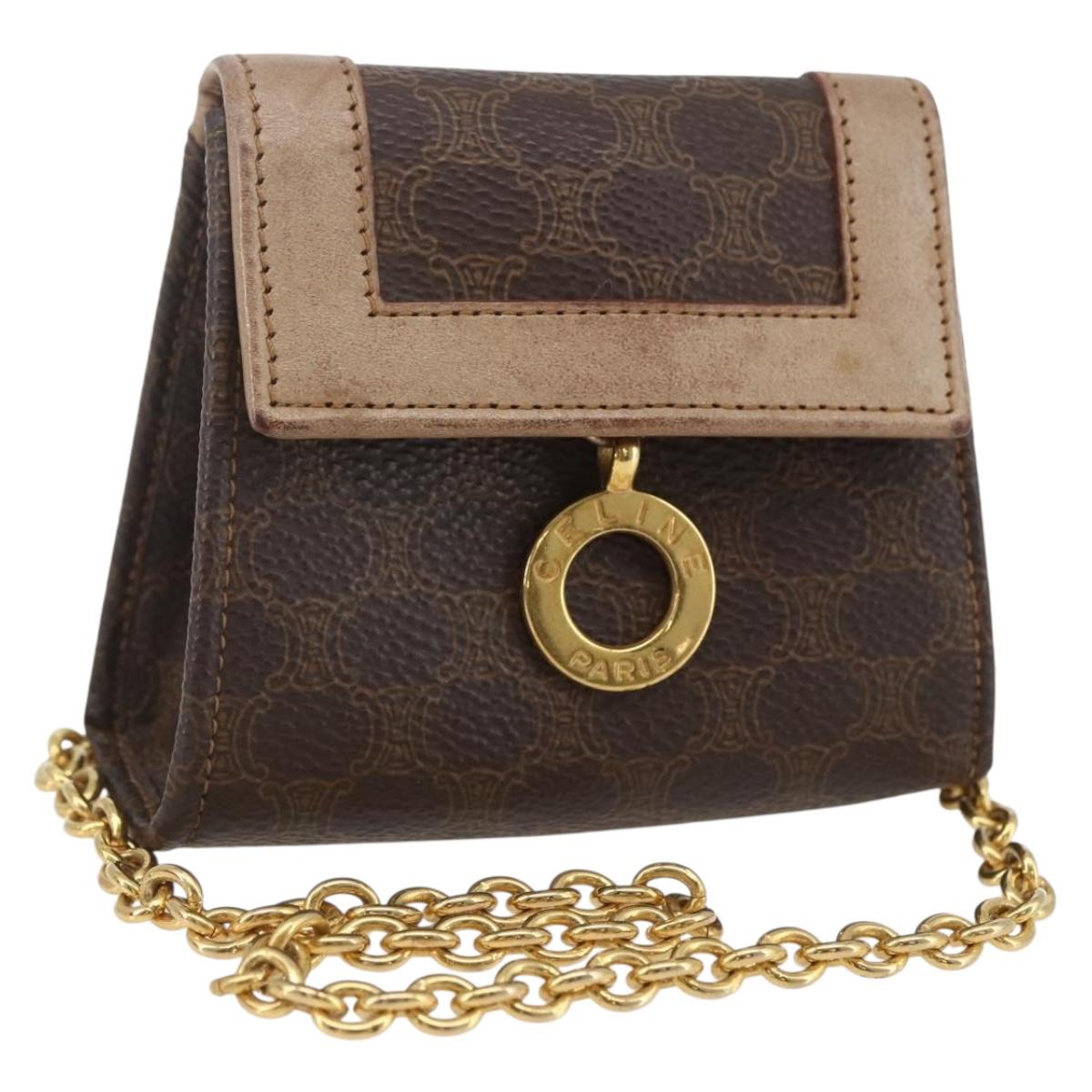 CELINE Macadam Canvas Circle Chain Shoulder Pouch PVC Leather Brown Auth 168200