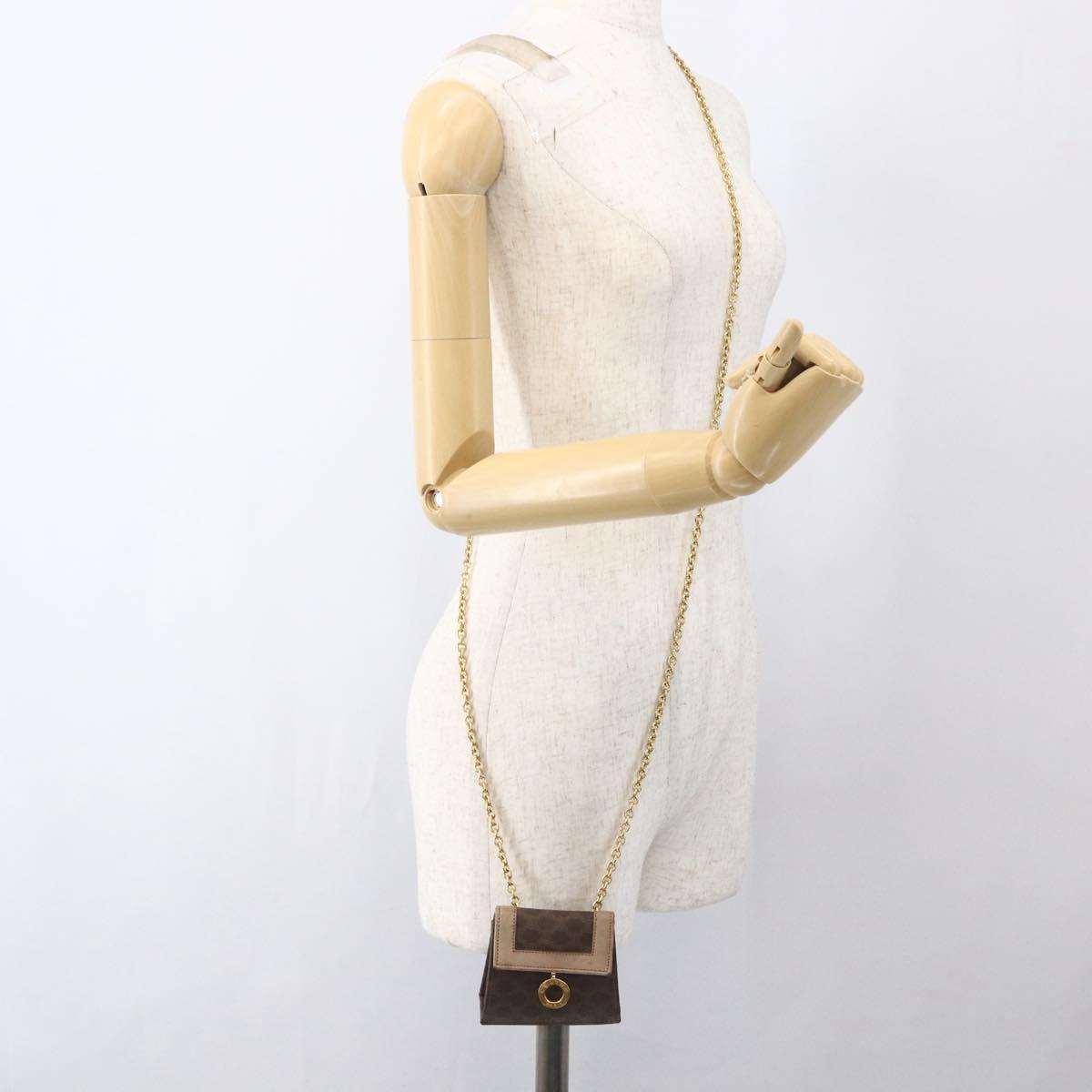 CELINE Macadam Canvas Circle Chain Shoulder Pouch PVC Leather Brown Auth 168200