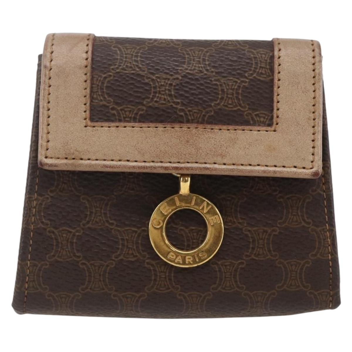 CELINE Macadam Canvas Circle Chain Shoulder Pouch PVC Leather Brown Auth 168200