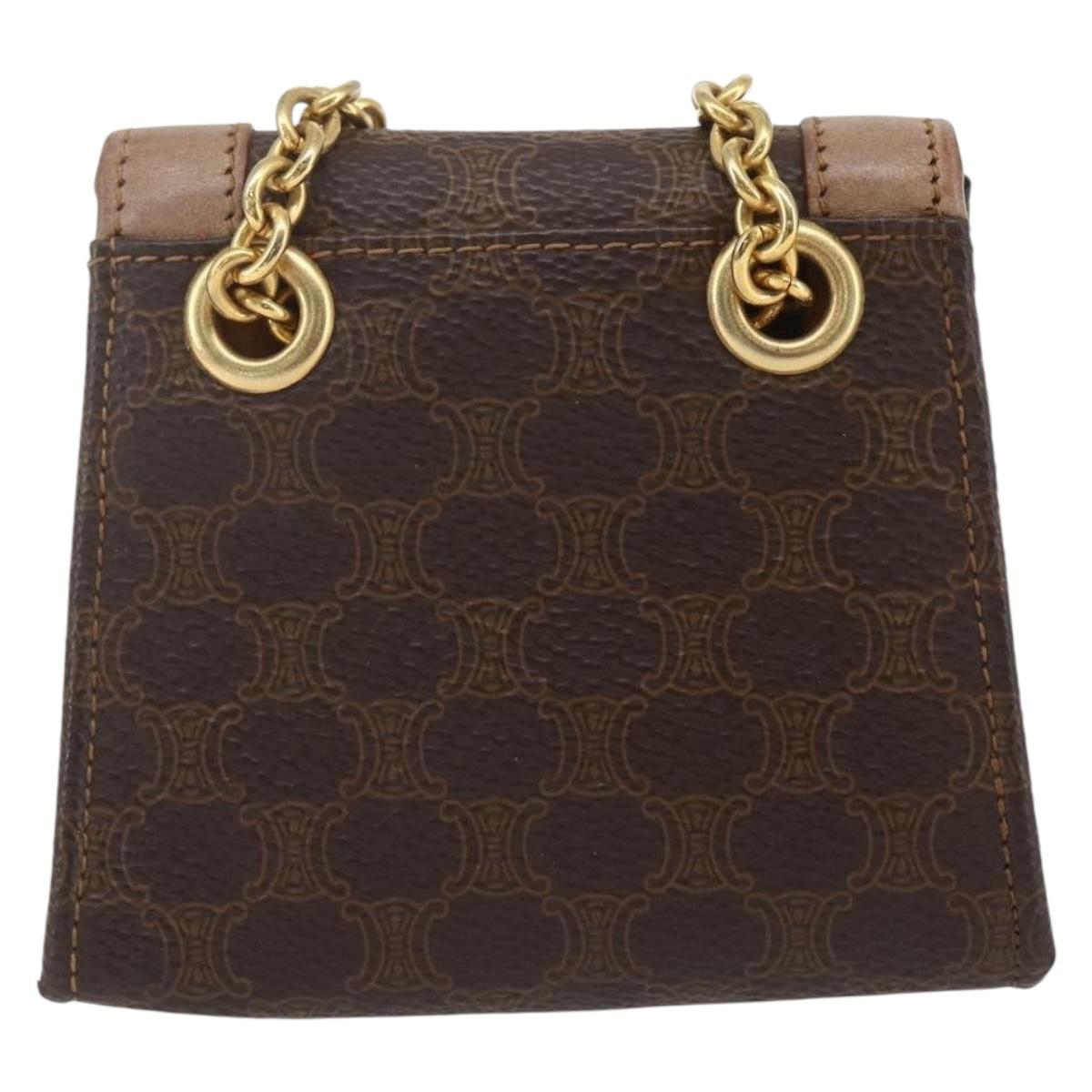 CELINE Macadam Canvas Circle Chain Shoulder Pouch PVC Leather Brown Auth 168200