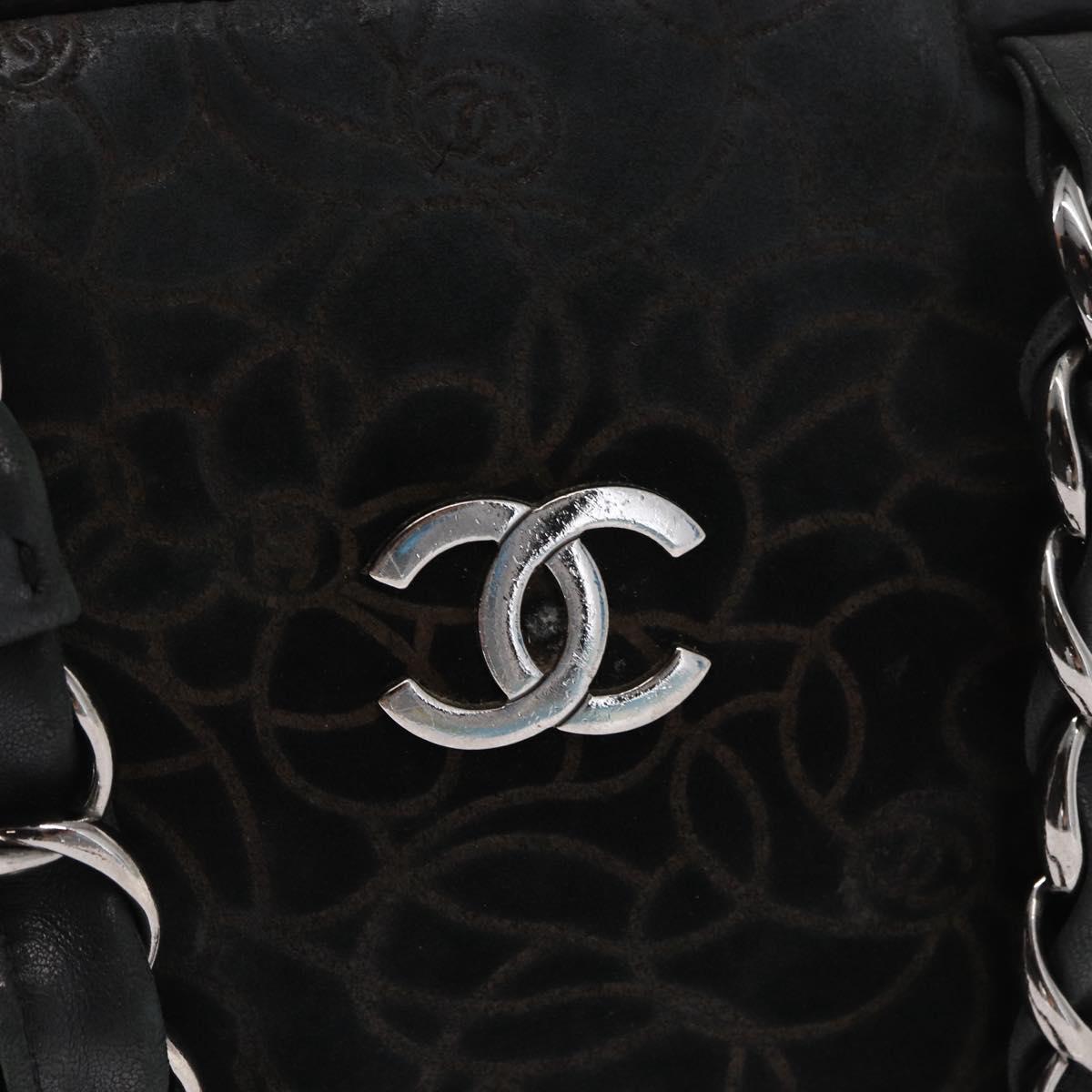 CHANEL Chain Camelia Shoulder Bag Suede Black Silver CC Auth 168208