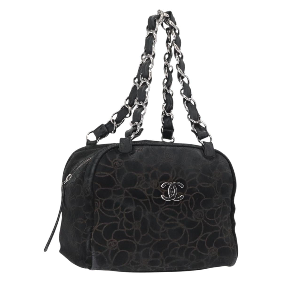 CHANEL Chain Camelia Shoulder Bag Suede Black Silver CC Auth 168208