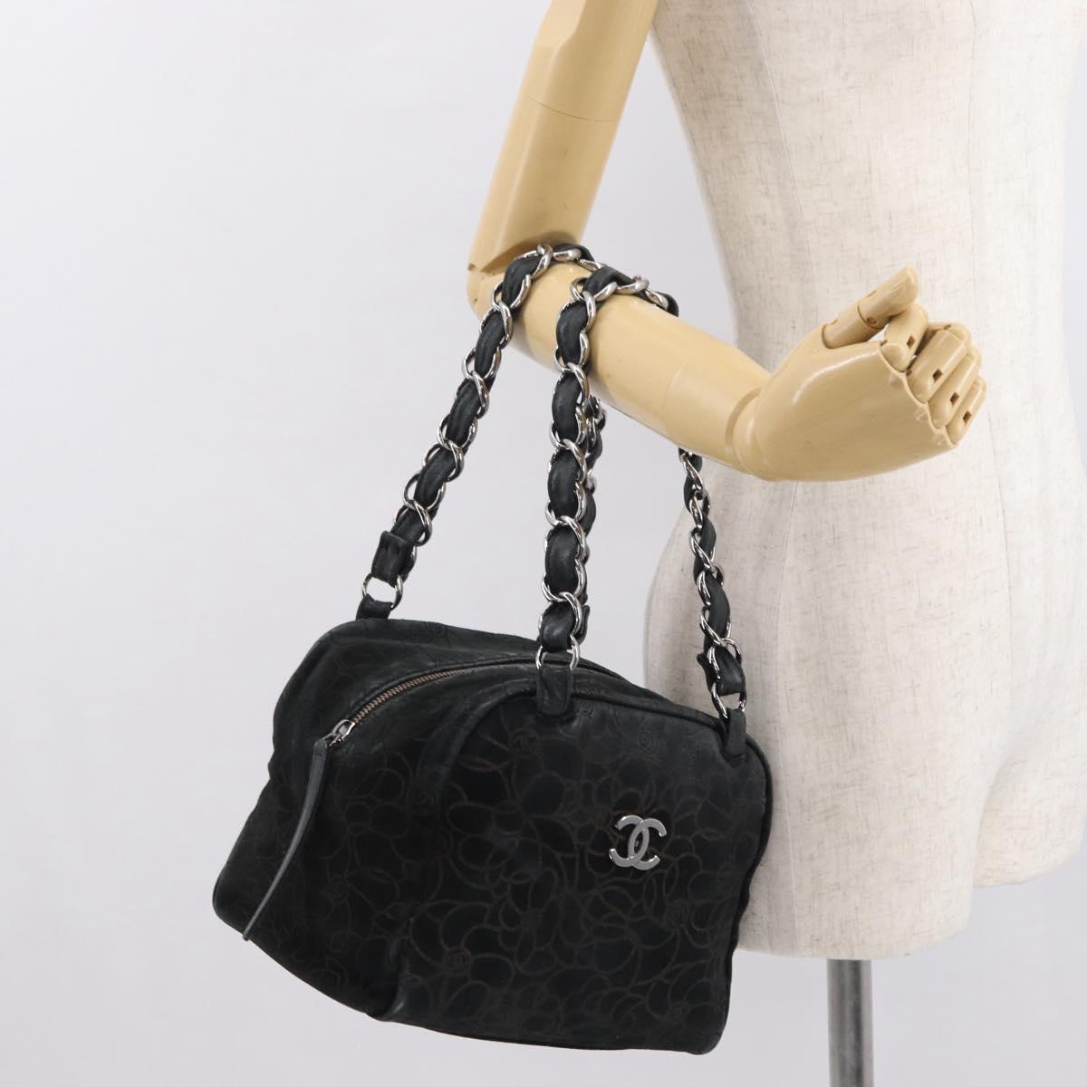 CHANEL Chain Camelia Shoulder Bag Suede Black Silver CC Auth 168208