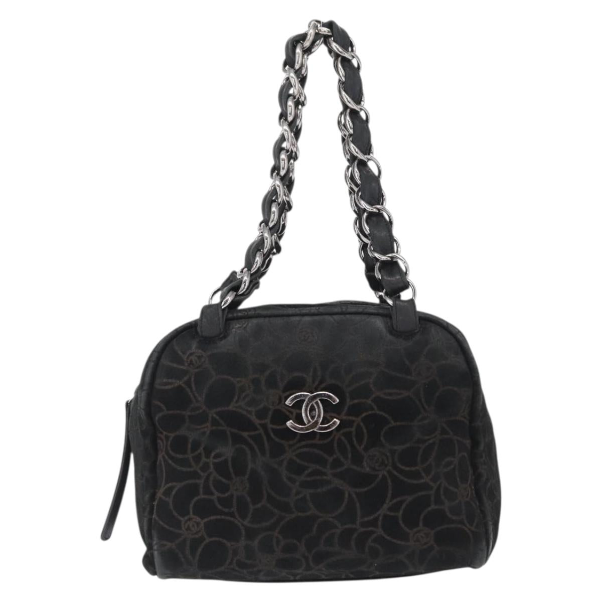 CHANEL Chain Camelia Shoulder Bag Suede Black Silver CC Auth 168208