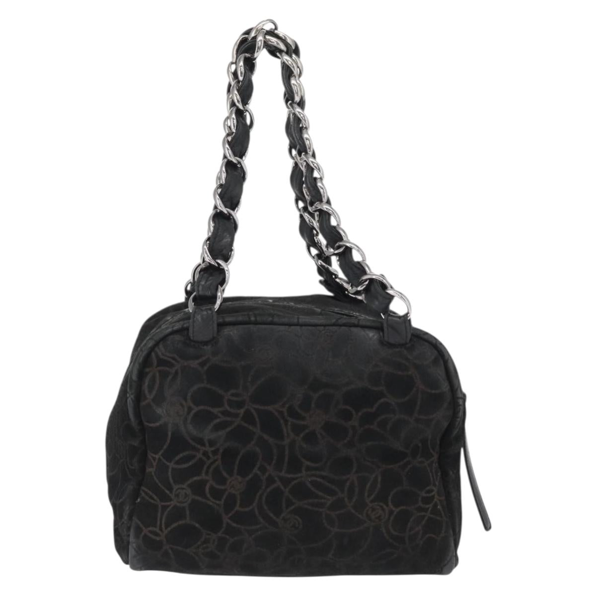 CHANEL Chain Camelia Shoulder Bag Suede Black Silver CC Auth 168208
