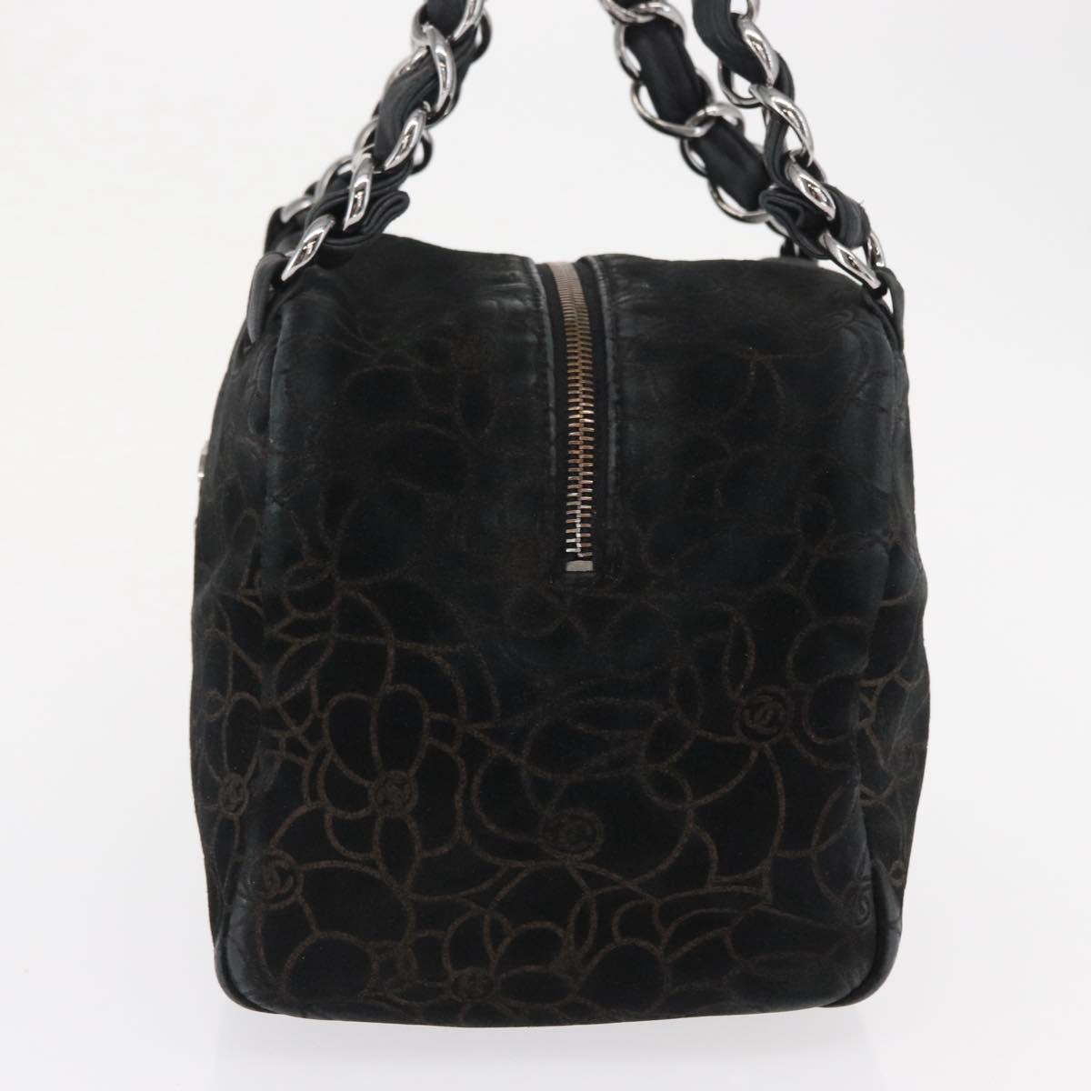 CHANEL Chain Camelia Shoulder Bag Suede Black Silver CC Auth 168208