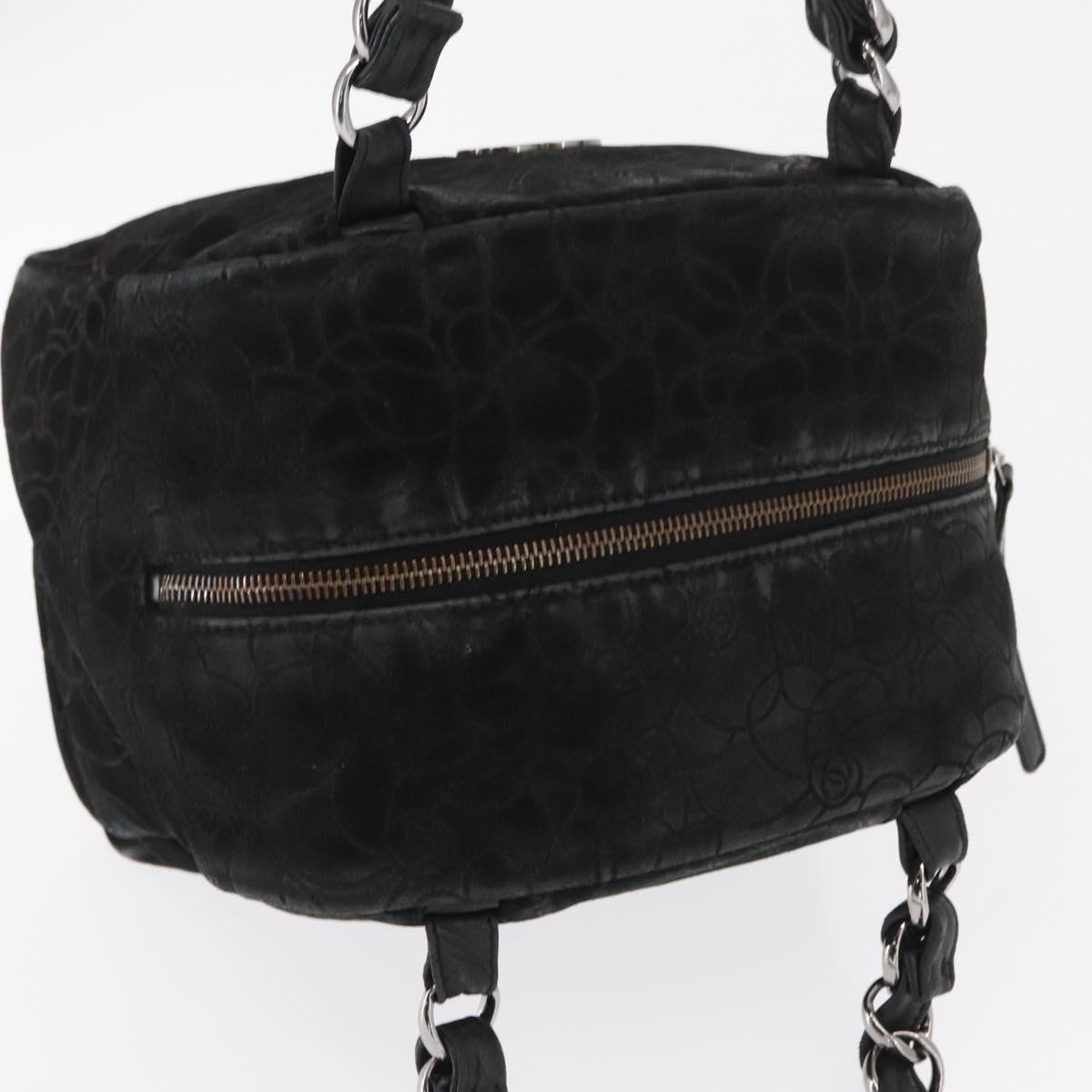 CHANEL Chain Camelia Shoulder Bag Suede Black Silver CC Auth 168208