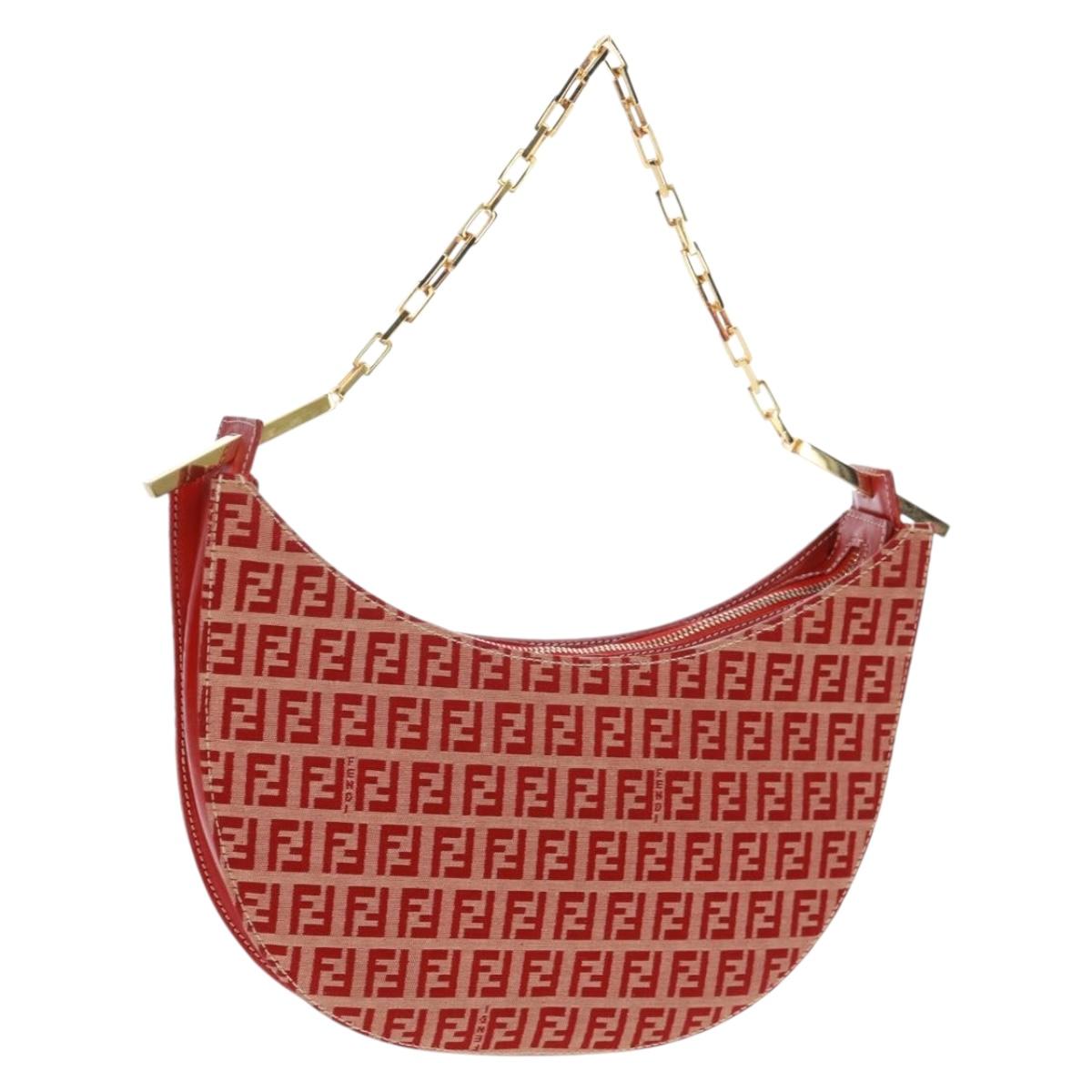 FENDI Zucchino Canvas Chain Shoulder Bag Red Gold Auth 168217V