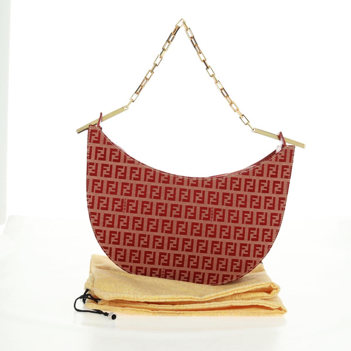 FENDI Zucchino Canvas Chain Shoulder Bag Red Gold Auth 168217V