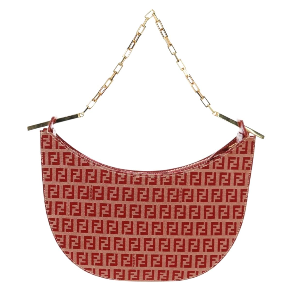 FENDI Zucchino Canvas Chain Shoulder Bag Red Gold Auth 168217V
