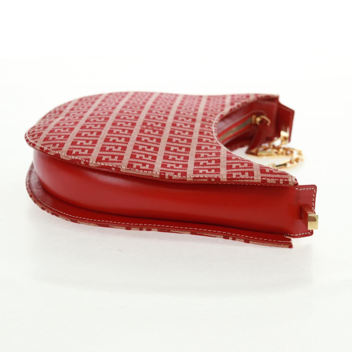 FENDI Zucchino Canvas Chain Shoulder Bag Red Gold Auth 168217V