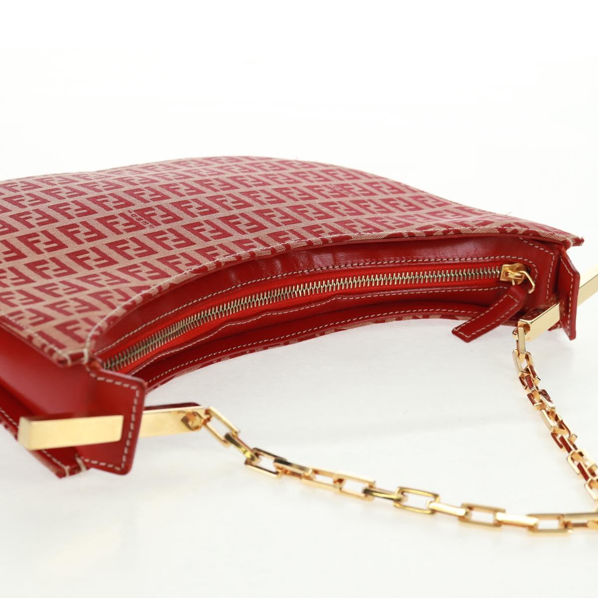 FENDI Zucchino Canvas Chain Shoulder Bag Red Gold Auth 168217V