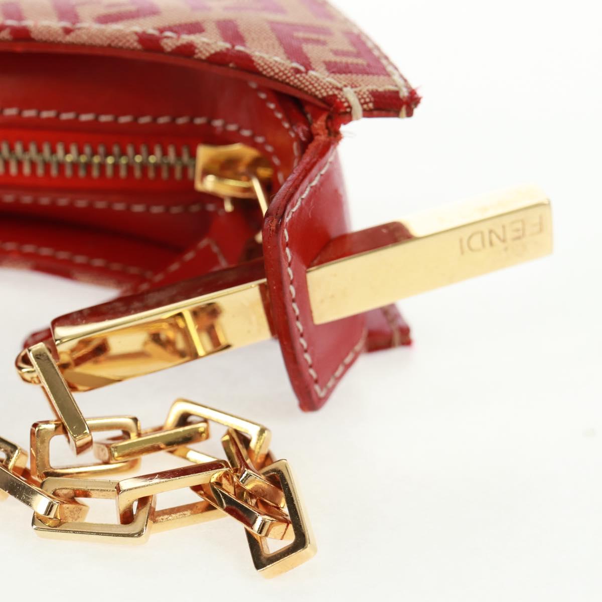 FENDI Zucchino Canvas Chain Shoulder Bag Red Gold Auth 168217V