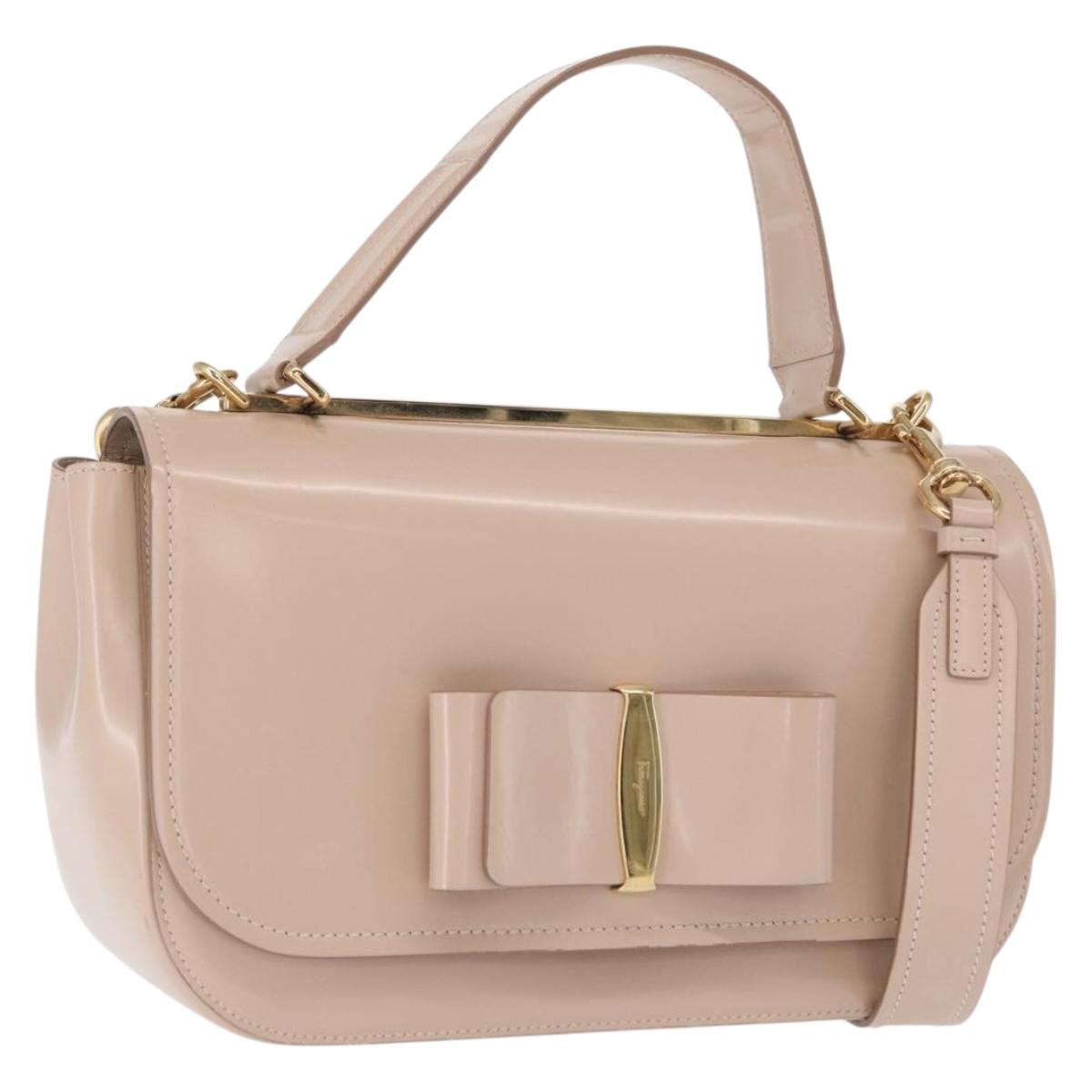 Salvatore Ferragamo Vala Hand Bag Leather 2way Beige Gold Auth 168221