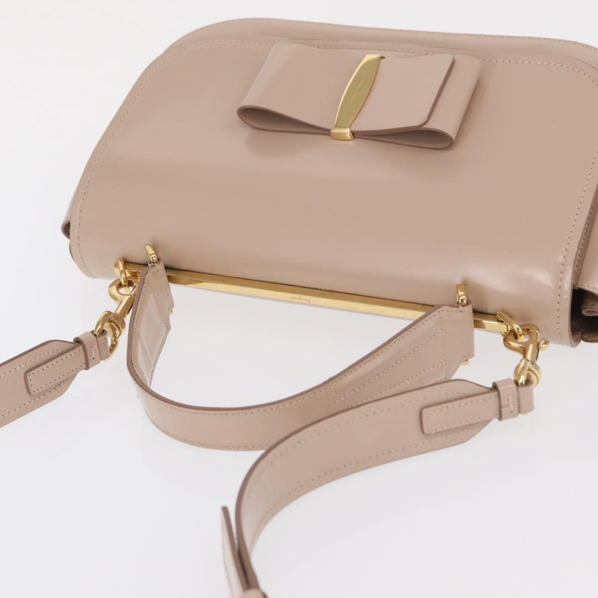 Salvatore Ferragamo Vala Hand Bag Leather 2way Beige Gold Auth 168221
