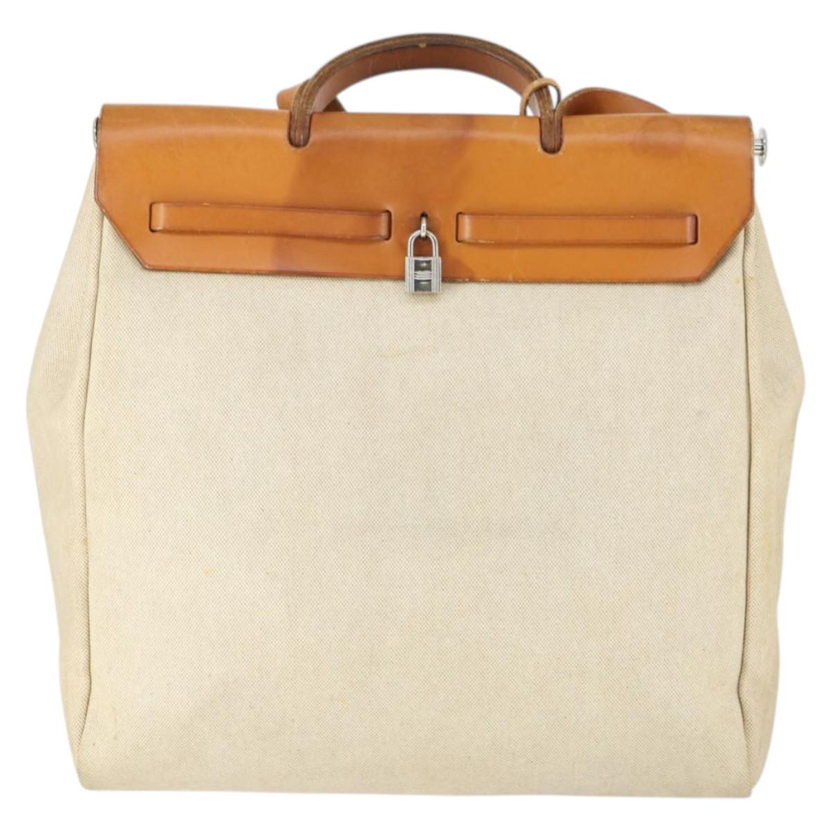 HERMES Her Bag MM Hand Bag Canvas Beige Silver Auth 168228