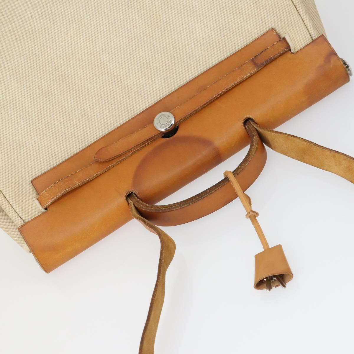 HERMES Her Bag MM Hand Bag Canvas Beige Silver Auth 168228