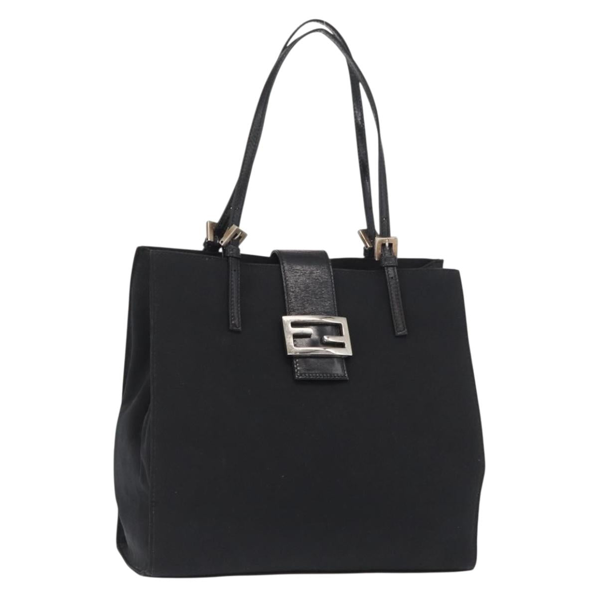 FENDI Mamma Baguette Tote Bag Nylon Black Silver Auth 168229
