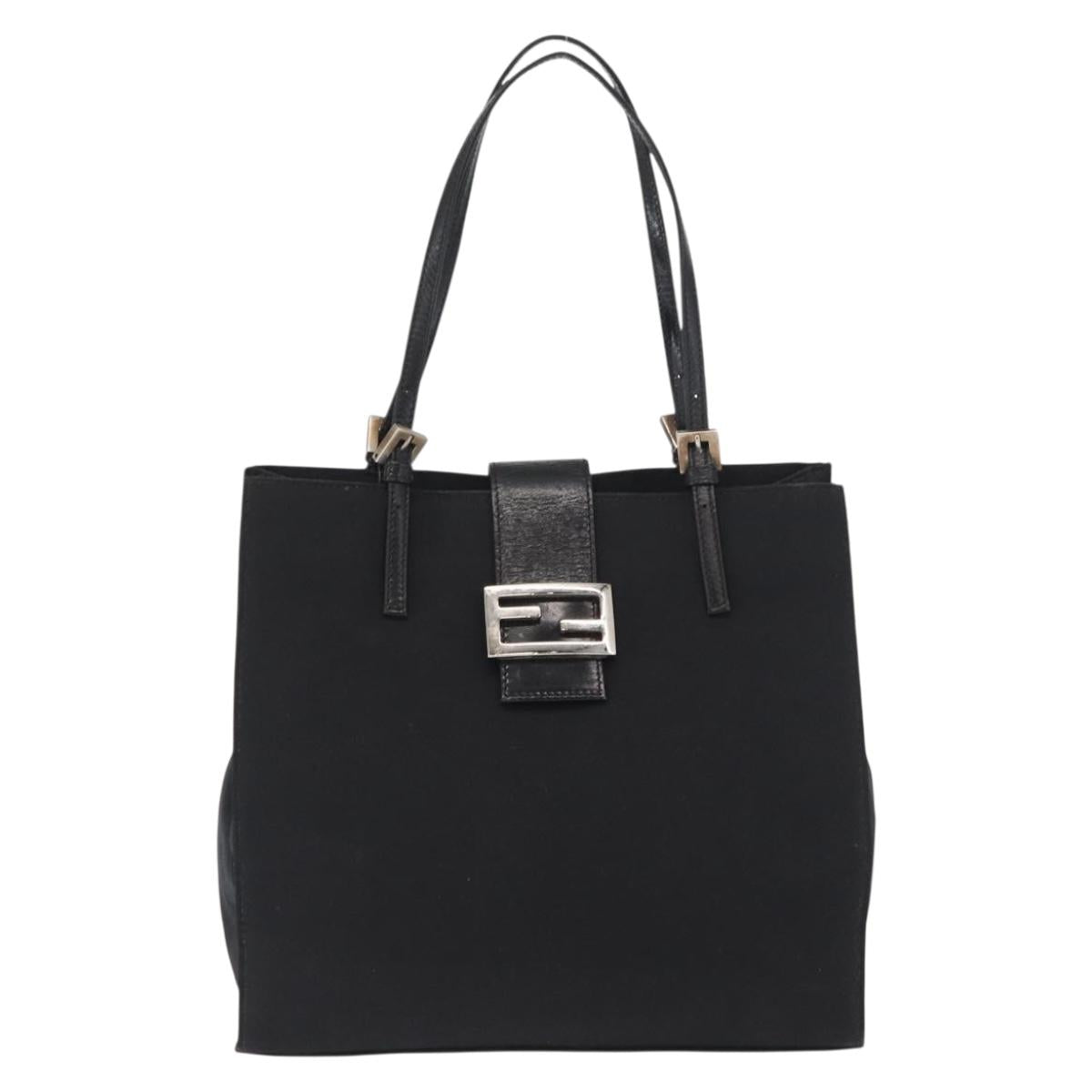 FENDI Mamma Baguette Tote Bag Nylon Black Silver Auth 168229