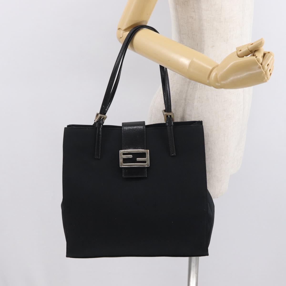 FENDI Mamma Baguette Tote Bag Nylon Black Silver Auth 168229