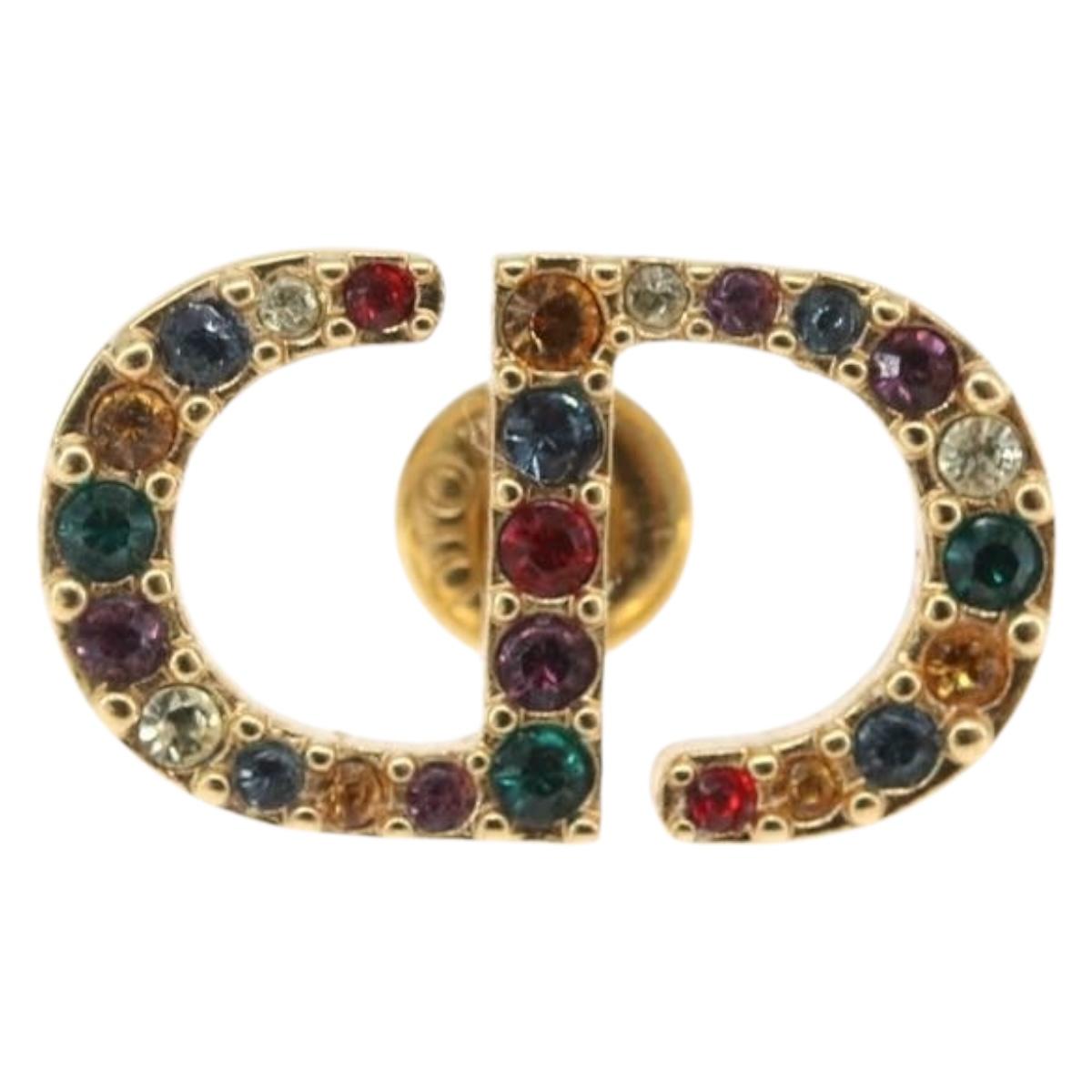 Christian Dior Rhinestone Pierce Earring metal Gold Tone Auth 168258M