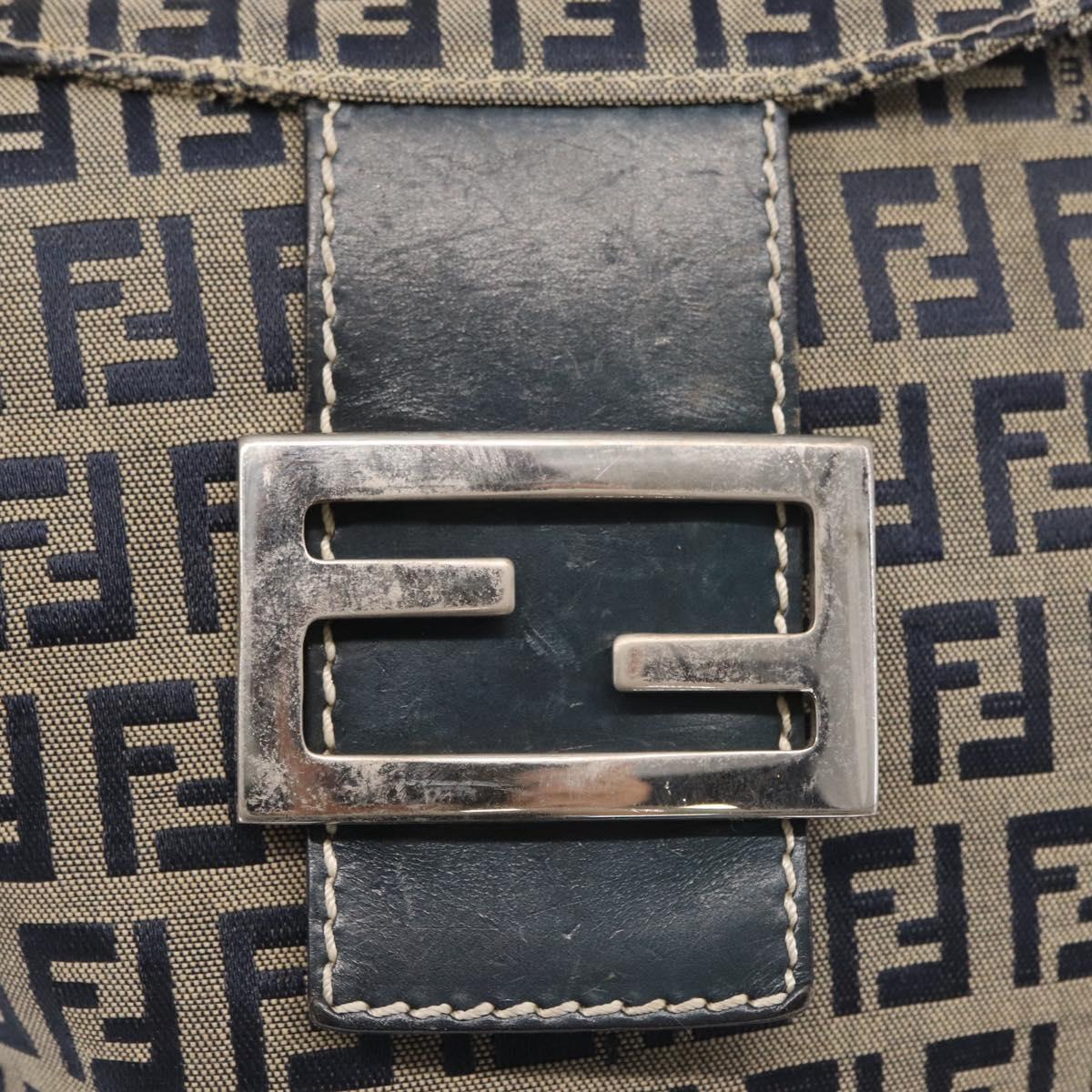 FENDI Zucchino Canvas Mamma Baguette Shoulder Bag Navy Silver Auth 168294