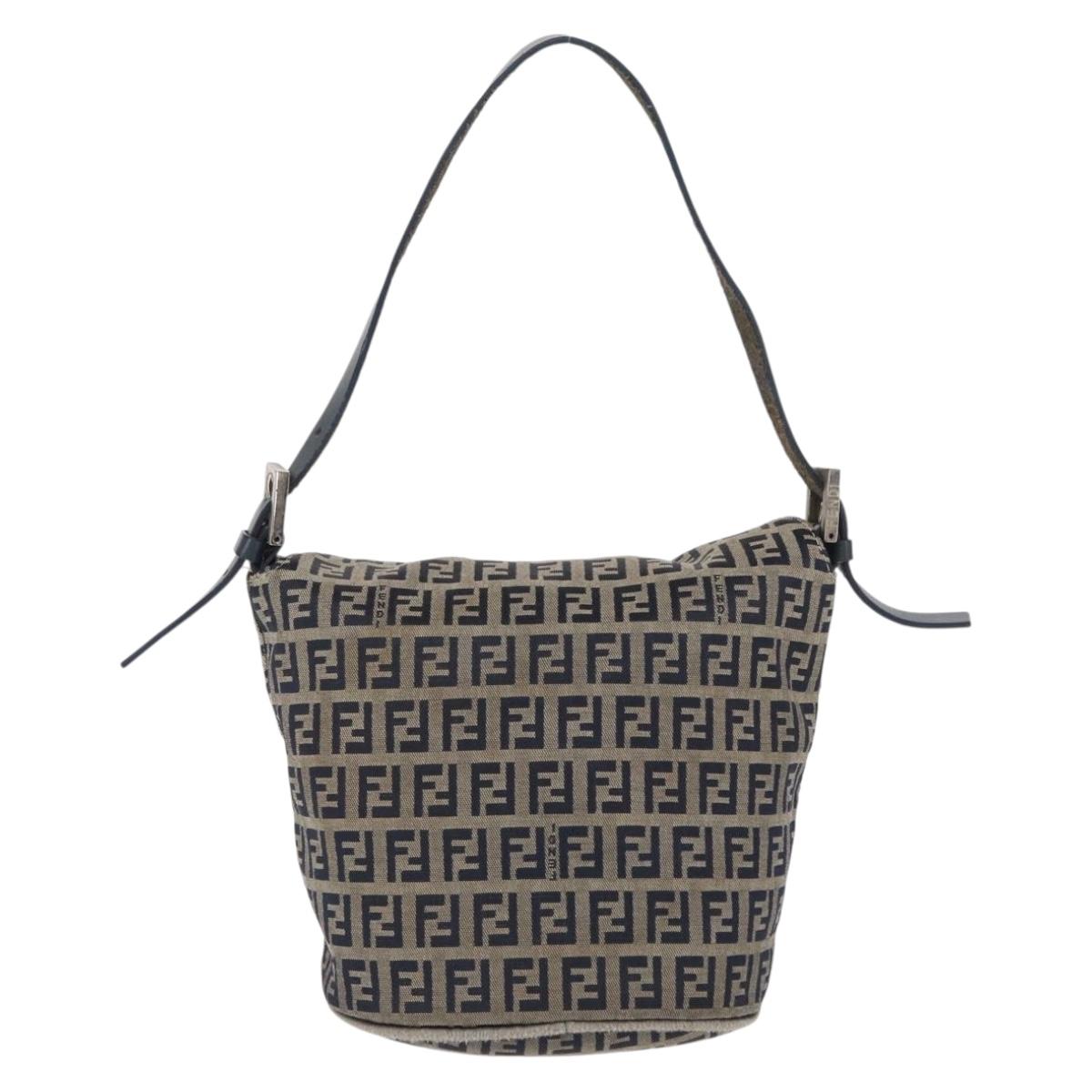 FENDI Zucchino Canvas Mamma Baguette Shoulder Bag Navy Silver Auth 168294