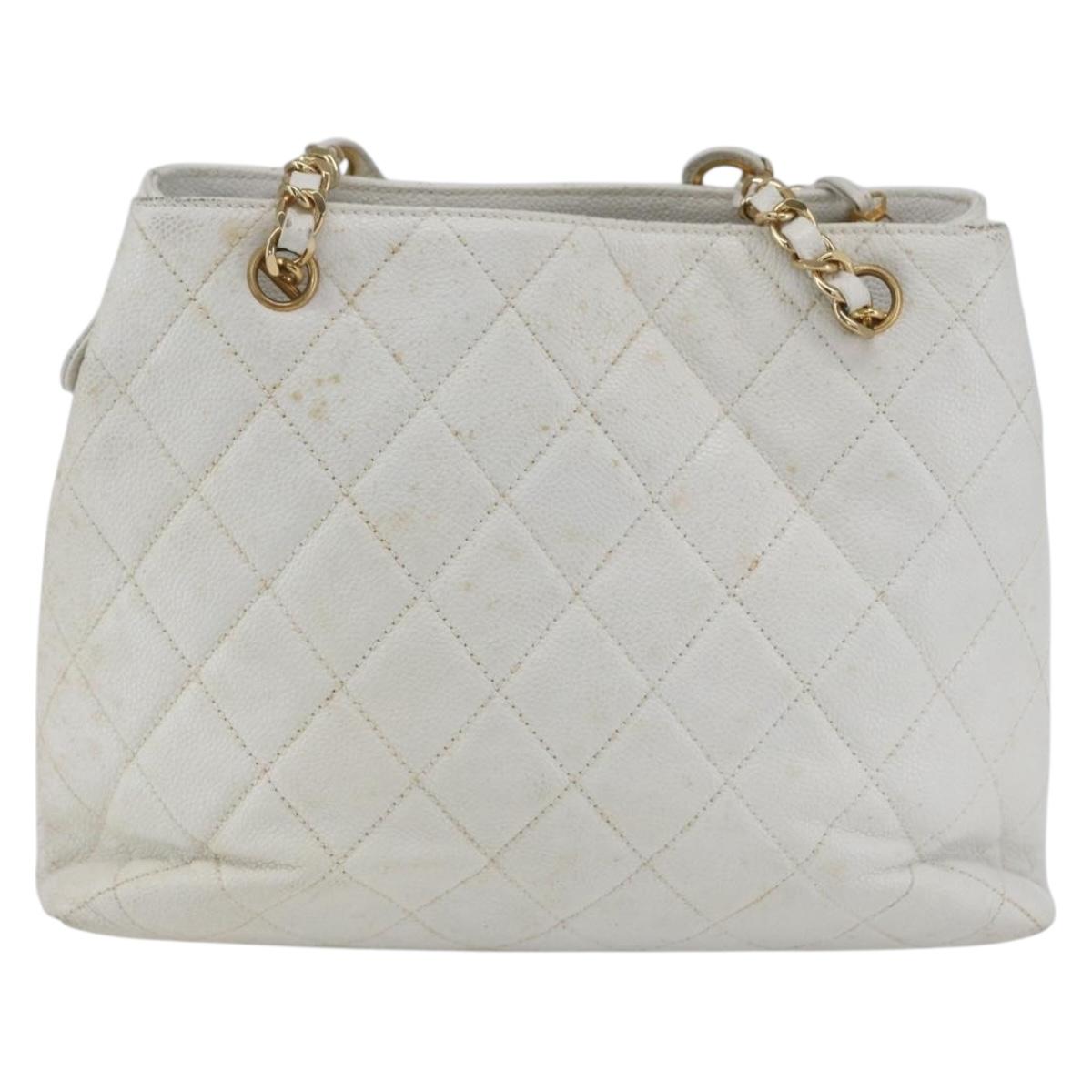 CHANEL Matelasse Chain Shoulder Bag Caviar Skin White Gold CC Auth 168296