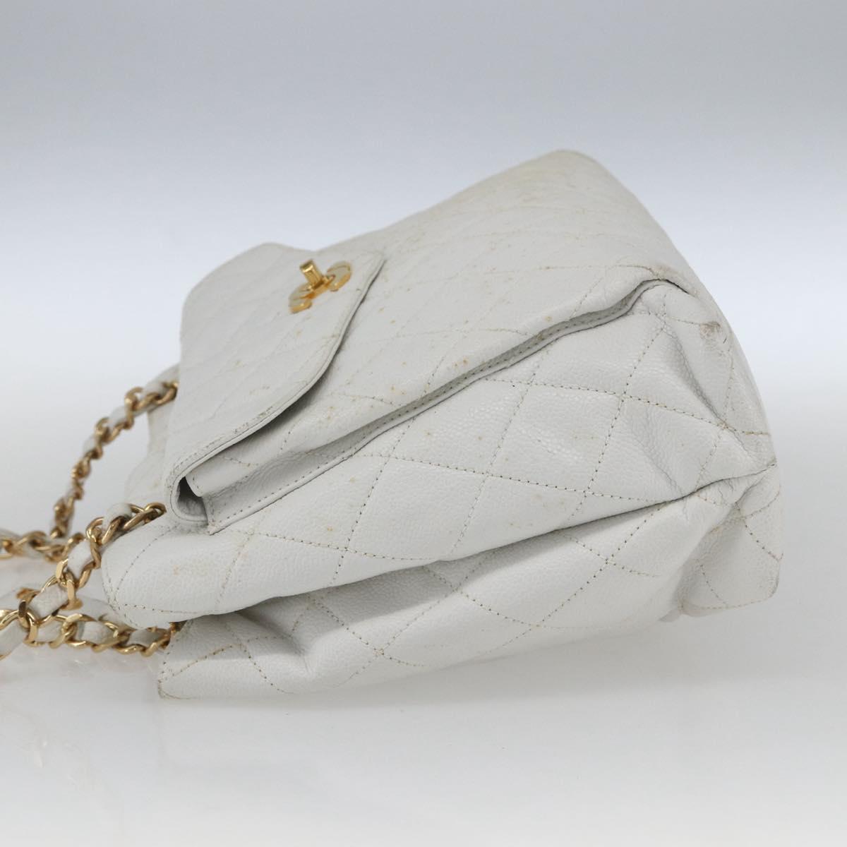 CHANEL Matelasse Chain Shoulder Bag Caviar Skin White Gold CC Auth 168296