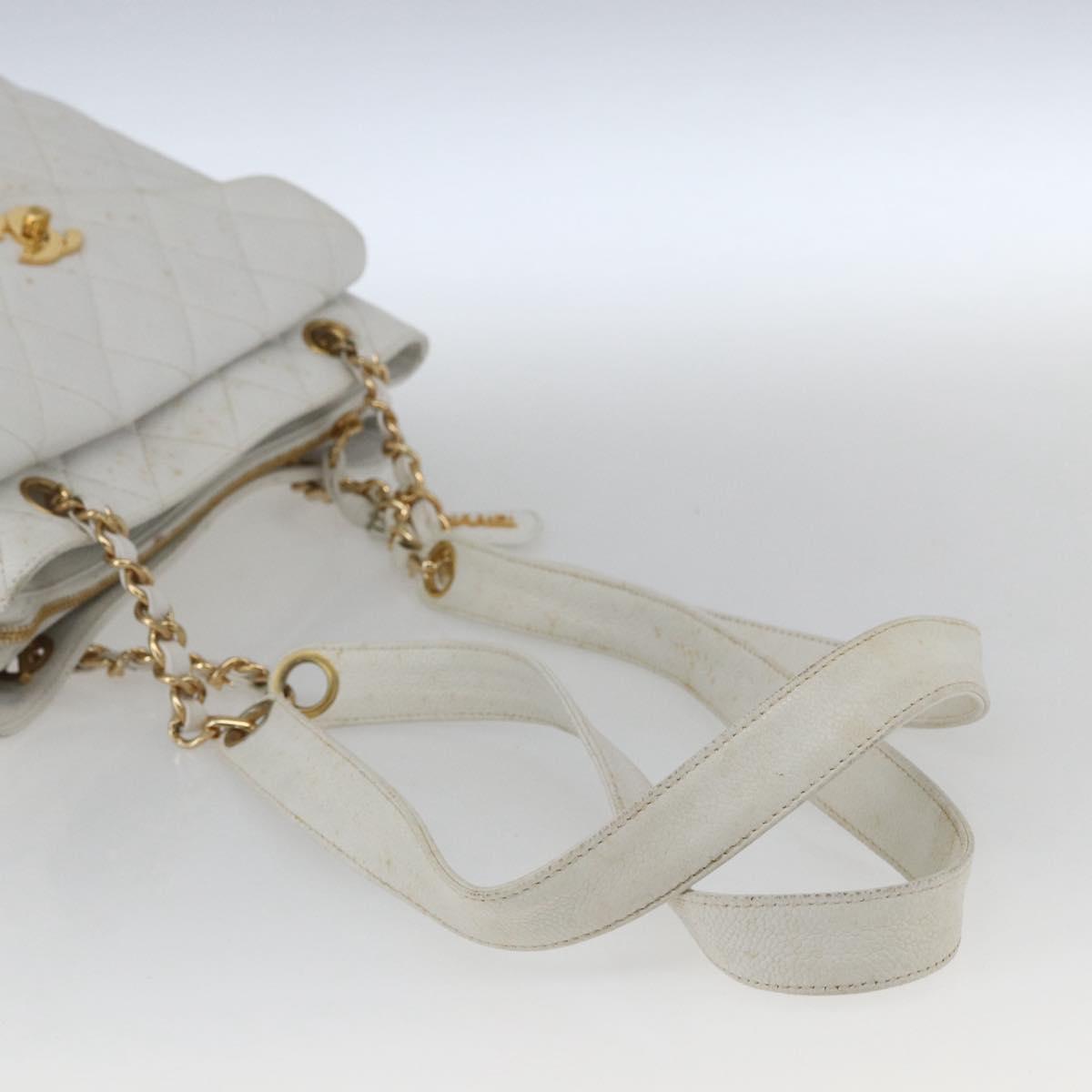 CHANEL Matelasse Chain Shoulder Bag Caviar Skin White Gold CC Auth 168296
