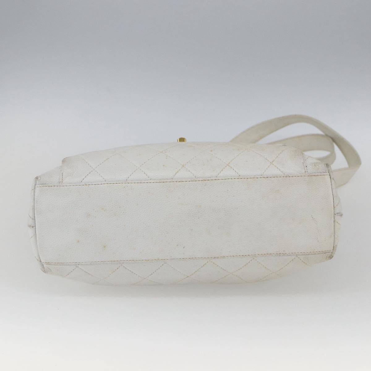CHANEL Matelasse Chain Shoulder Bag Caviar Skin White Gold CC Auth 168296