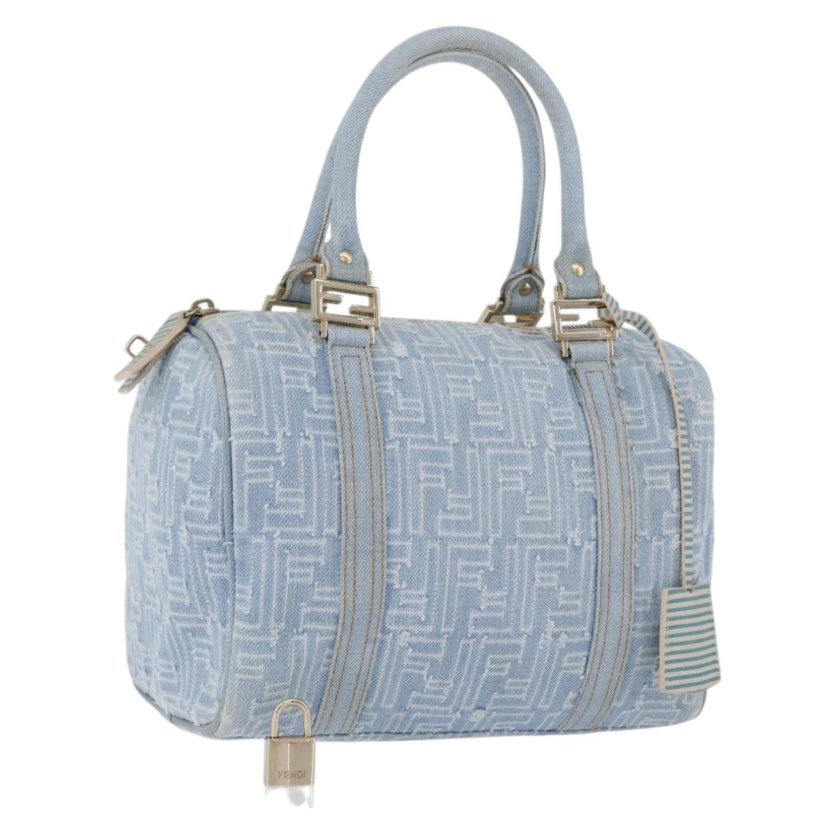 FENDI Zucca Canvas Boston Bag Light Blue Gold Auth 168309V