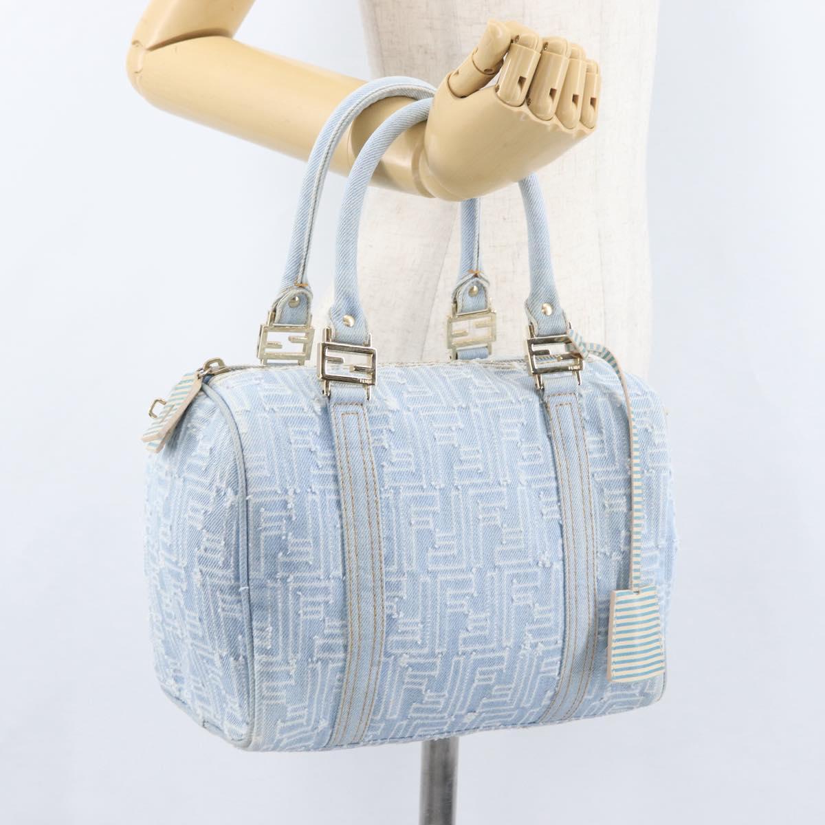 FENDI Zucca Canvas Boston Bag Light Blue Gold Auth 168309V
