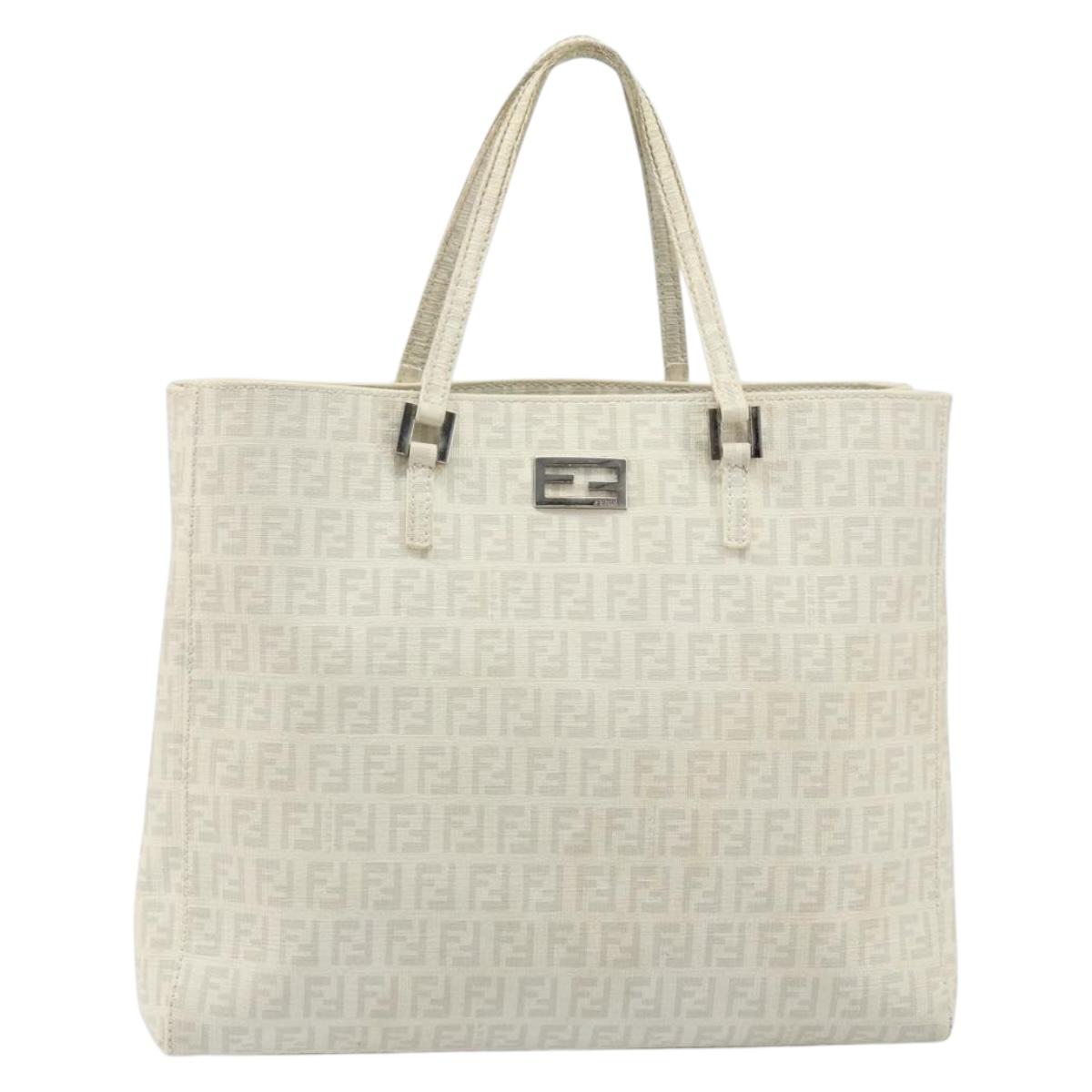 FENDI Zucchino Canvas Tote Bag White Silver Auth 168311A