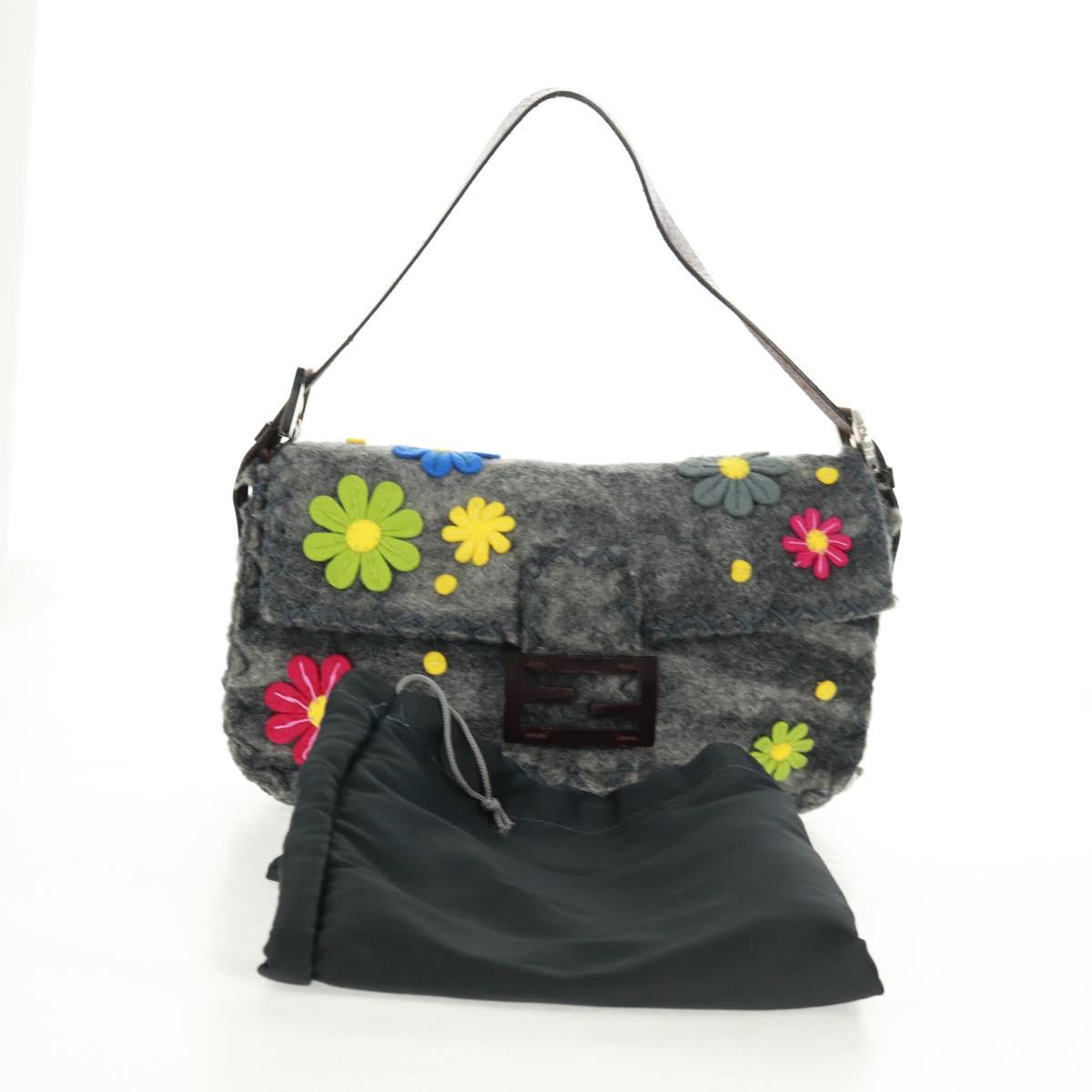 FENDI Flower Pattern Mamma Baguette Shoulder Bag Wool Gray Silver Auth 168312SAV