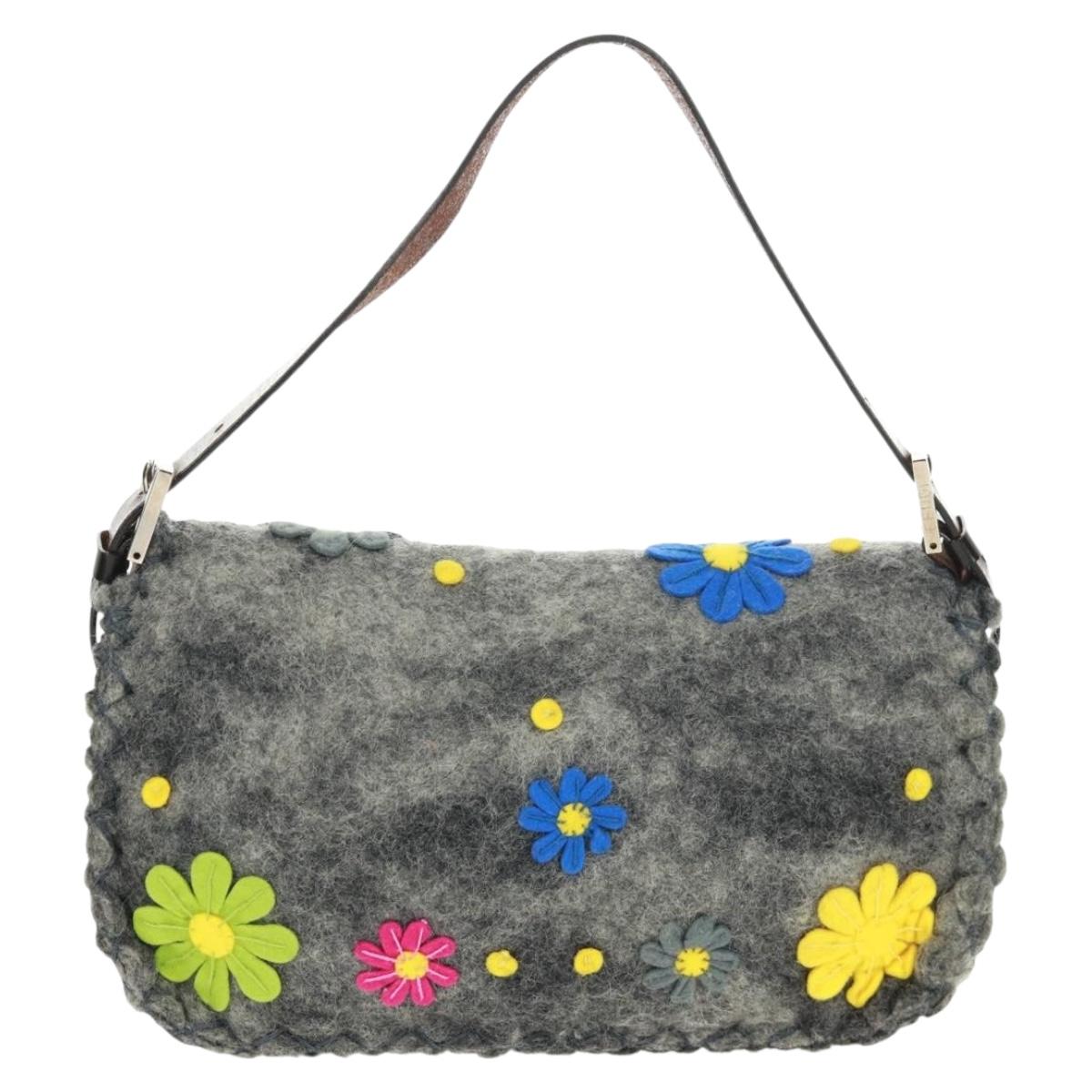 FENDI Flower Pattern Mamma Baguette Shoulder Bag Wool Gray Silver Auth 168312SAV