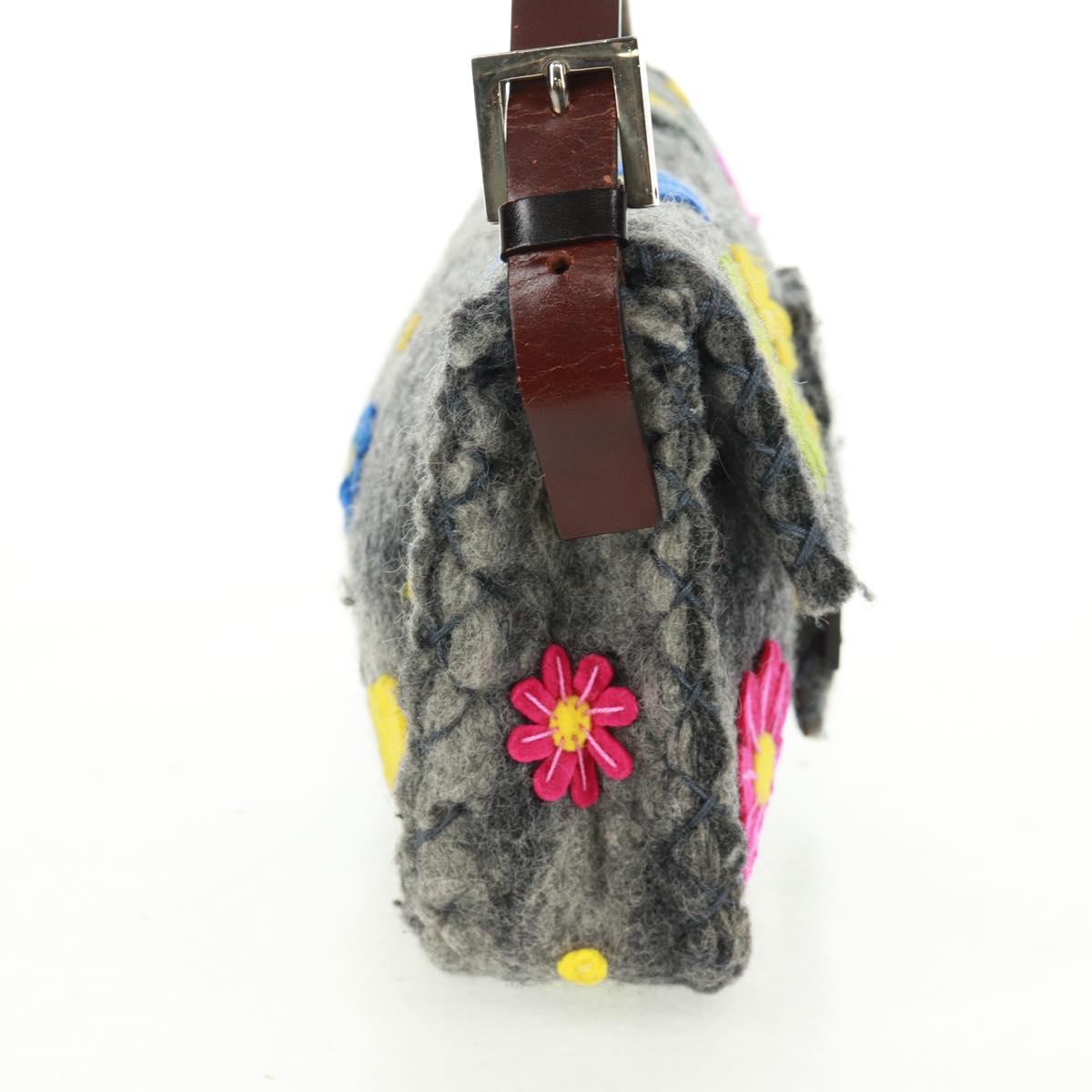 FENDI Flower Pattern Mamma Baguette Shoulder Bag Wool Gray Silver Auth 168312SAV