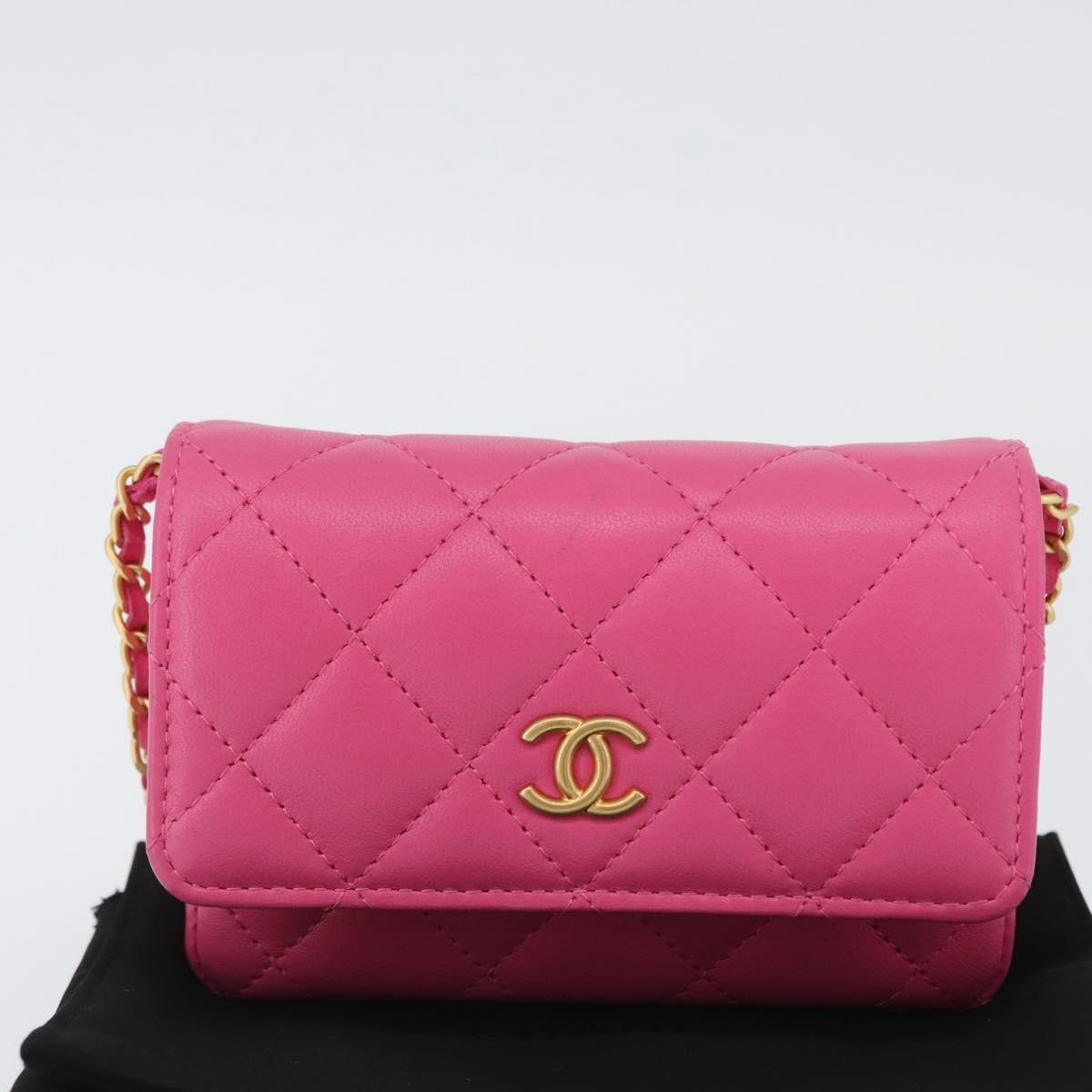 CHANEL Matelasse Chain Pouch Shoulder Bag Lamb Skin Pink Gold CC Auth 168325SAM