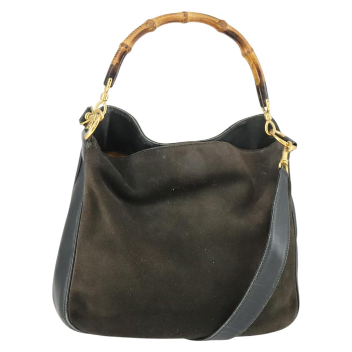 GUCCI Bamboo Hand Bag Suede 2way Brown Gold 001 3444 1638 Auth 168351