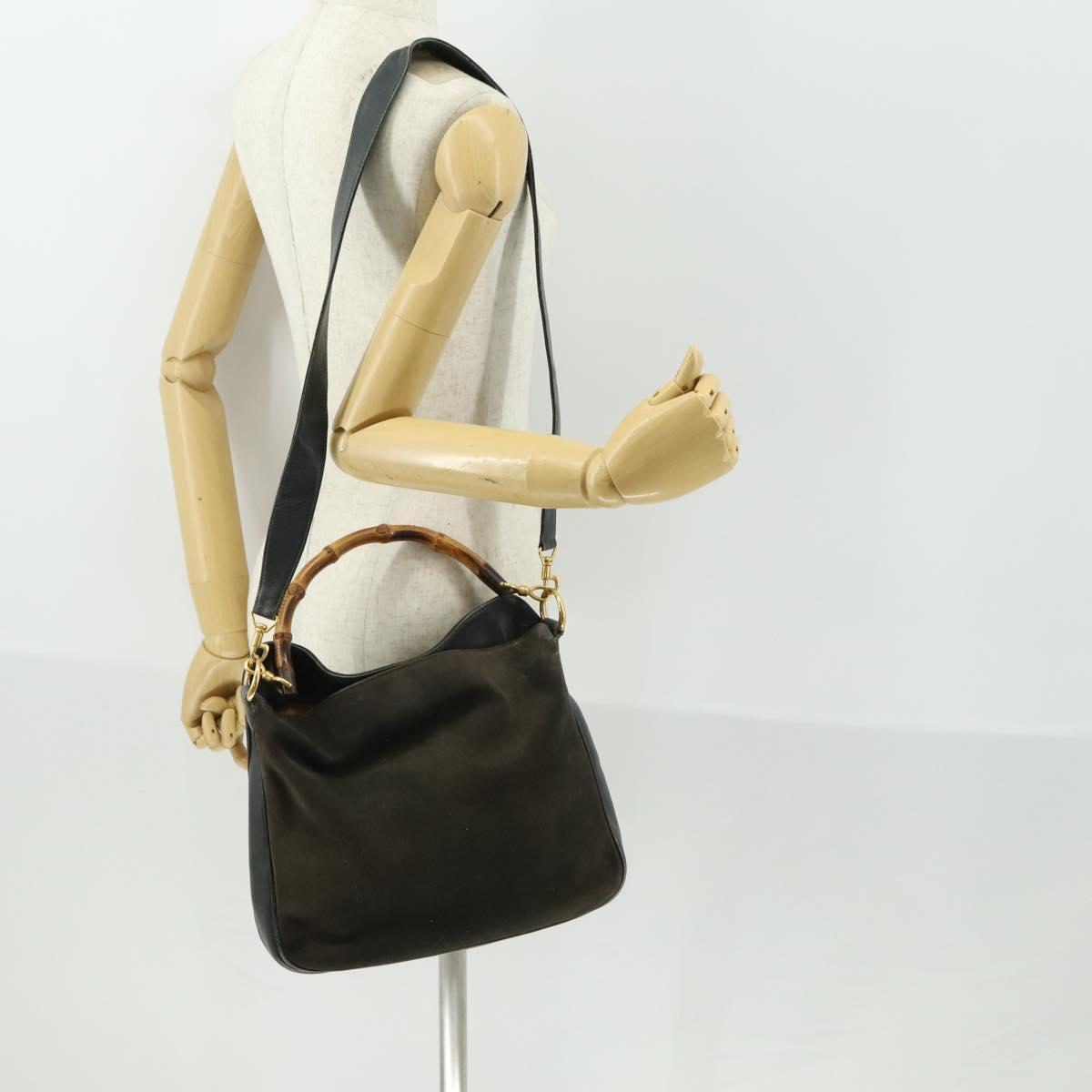 GUCCI Bamboo Hand Bag Suede 2way Brown Gold 001 3444 1638 Auth 168351
