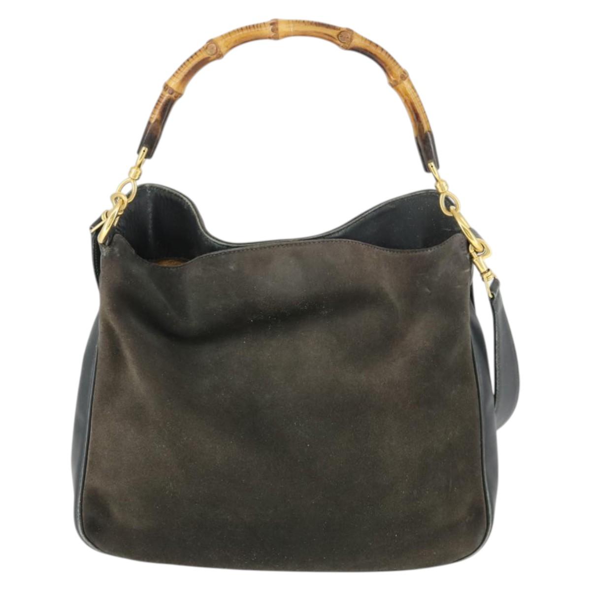 GUCCI Bamboo Hand Bag Suede 2way Brown Gold 001 3444 1638 Auth 168351