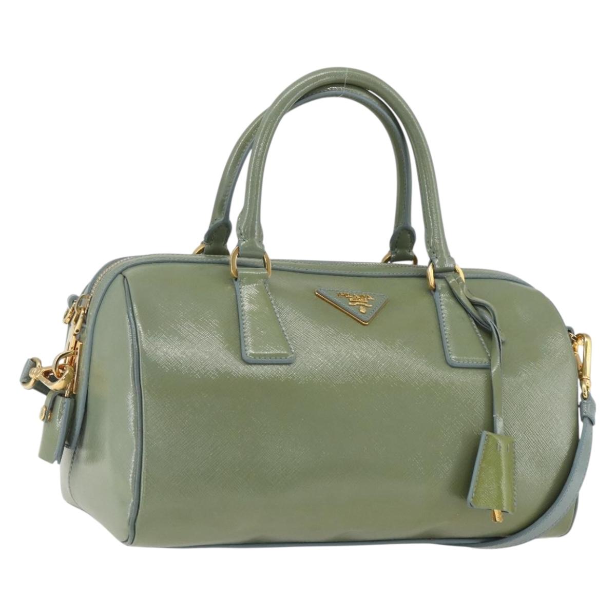 PRADA Boston Bag Safiano leather 2way Green Gold Auth 168352