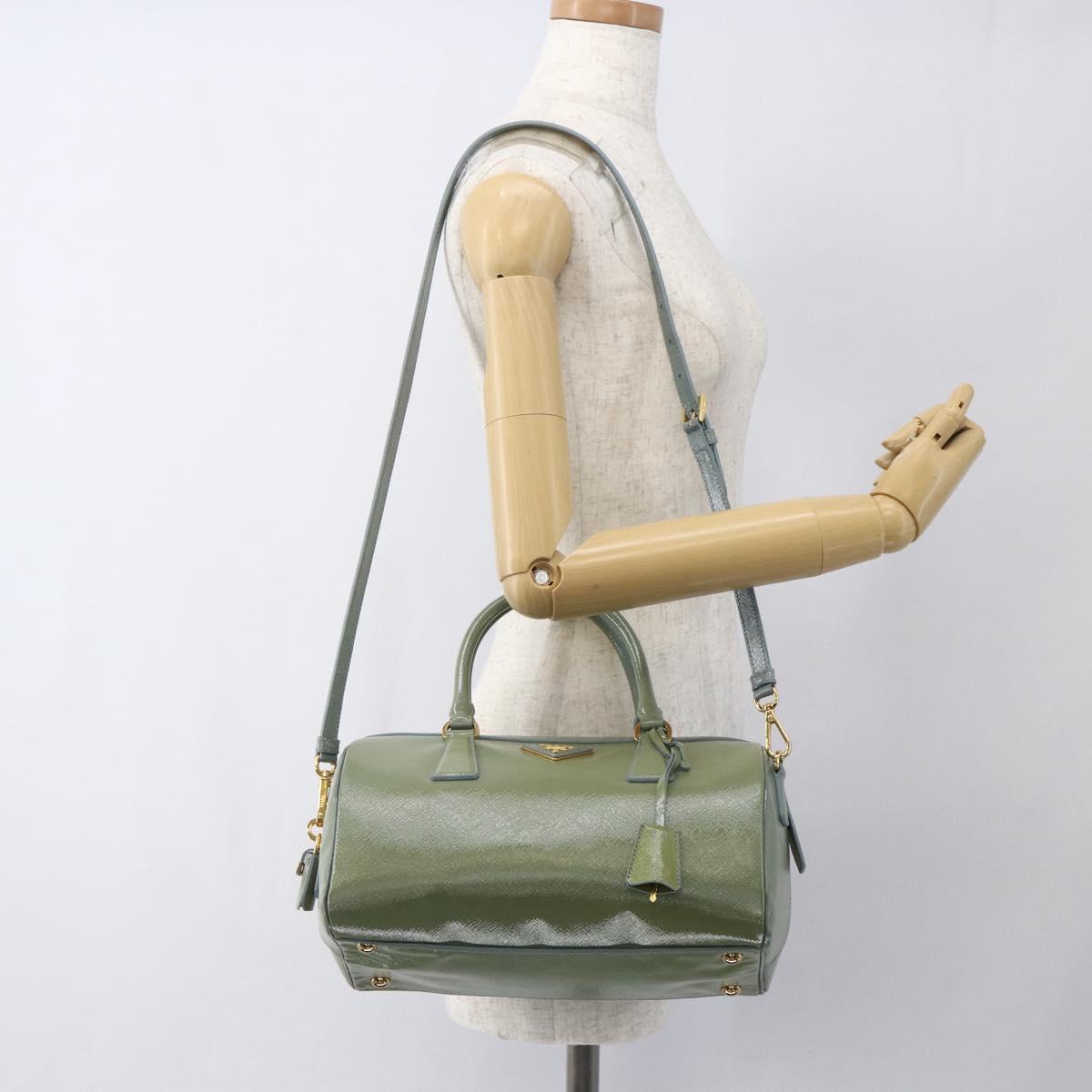 PRADA Boston Bag Safiano leather 2way Green Gold Auth 168352