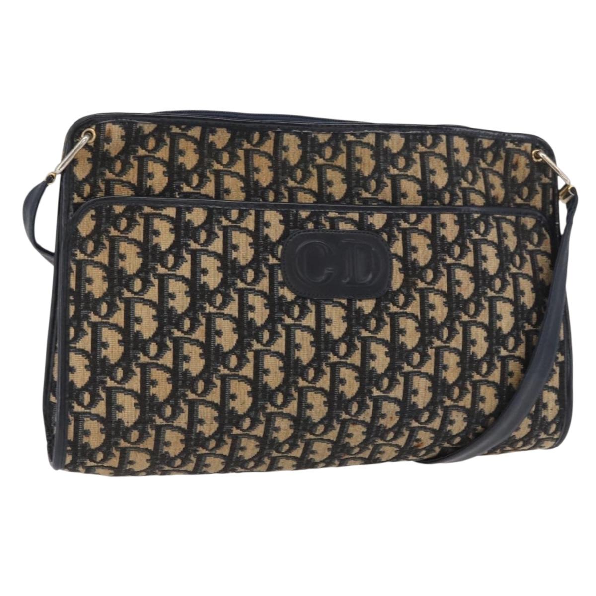 Christian Dior Trotter Canvas Shoulder Bag Navy Gold Auth 168354