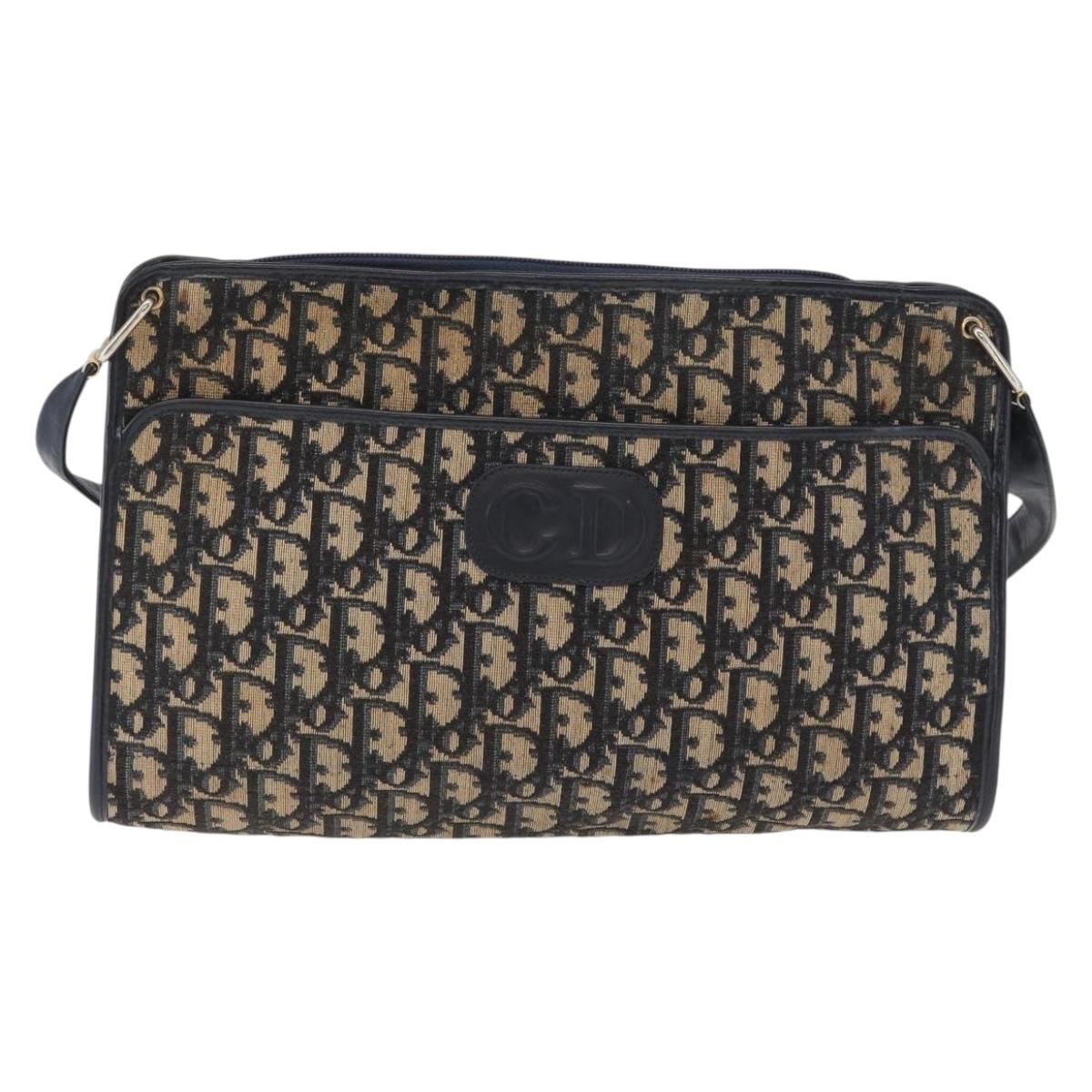 Christian Dior Trotter Canvas Shoulder Bag Navy Gold Auth 168354